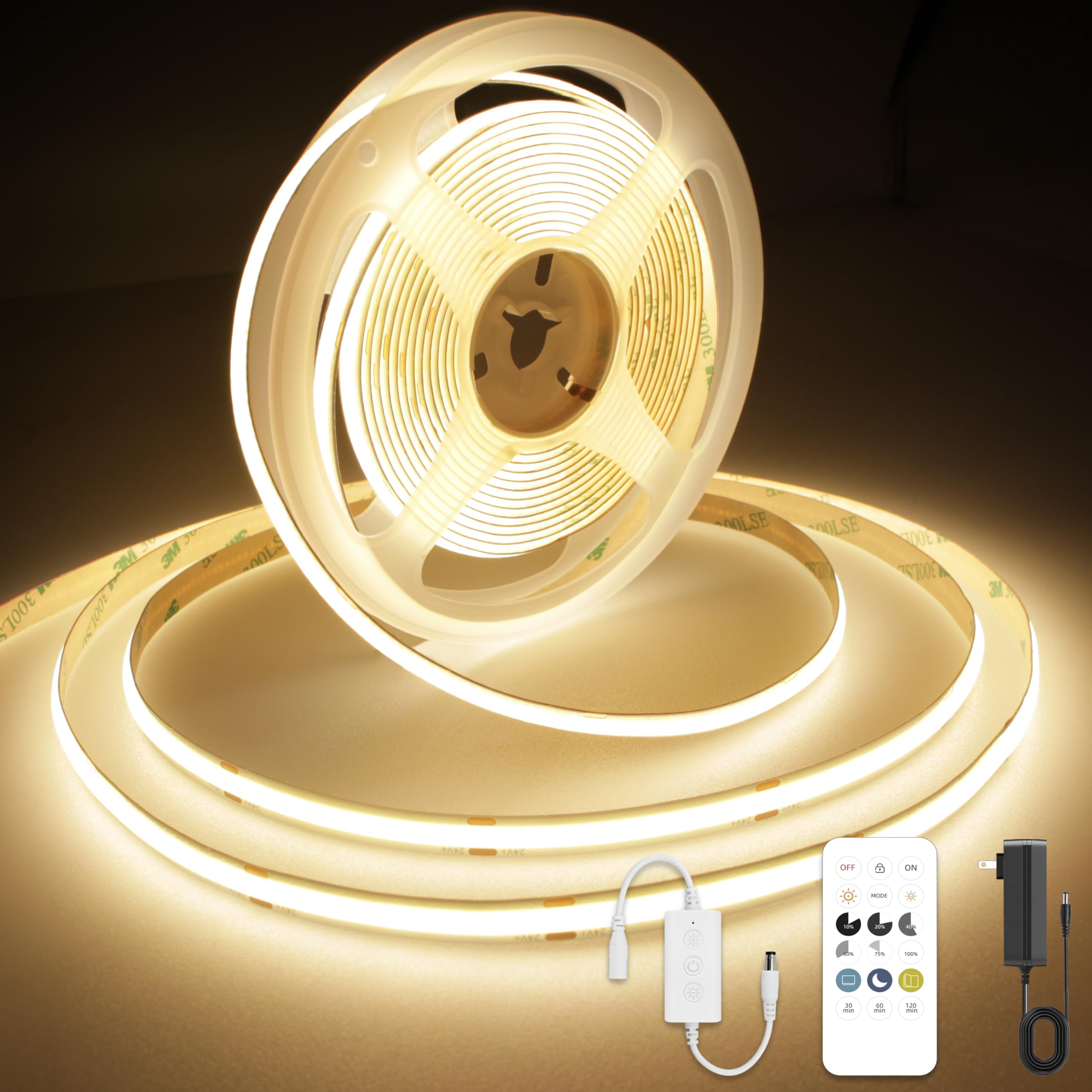 AXMOTUT COB LED Band Light Warm White 24.6FT  High Bright LED Bands with 2400LEDs  RF Remote and UL Power Supply  3000K Dimmable LED Lights for Bedroom  Kitchen  DIY Home Decoration