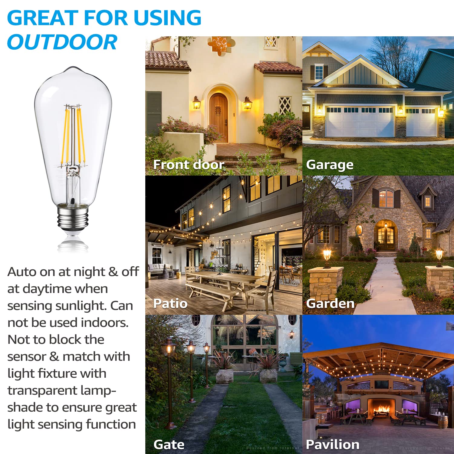 TORCHSTAR Vintage LED Edison Dusk to Dawn Bulbs, 7W Equivalent, Soft White, E26 Base, Clear Glass, Pack of 6