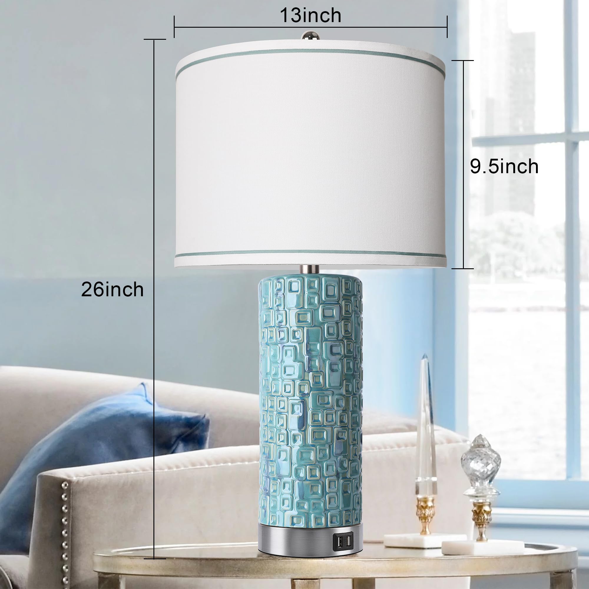 Vpazg 26'' Teal Ceramic Table Lamps Set Of 2 With Usb Ports - Coastal Decorative Nightstand Lighting