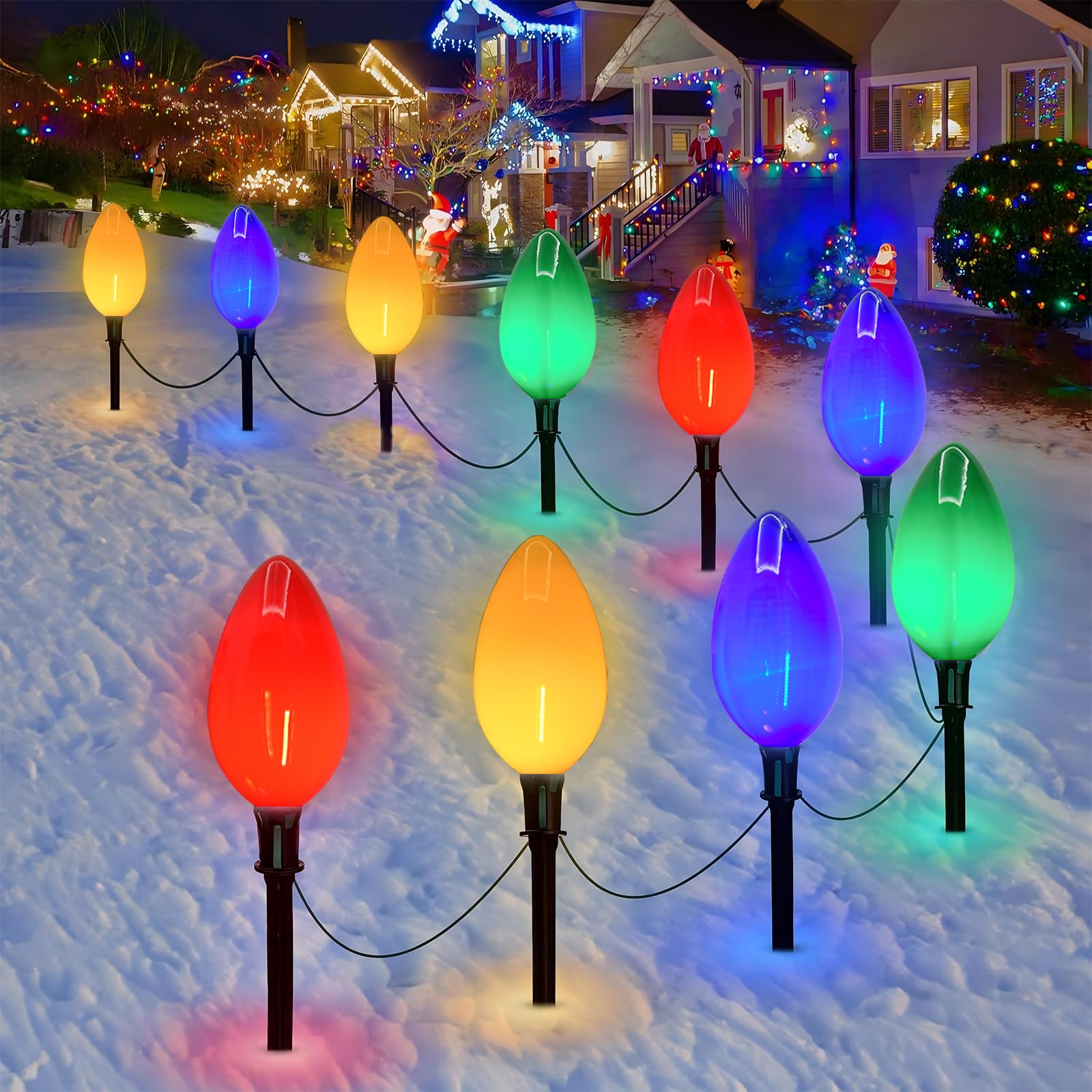 Egcol Jumbo C9 Christmas Pathway Lights Outdoor, 2 Pack 7FT C9 Christmas Walkway Lights with 4 LED Jumbo Multicolor Bulbs, Chris