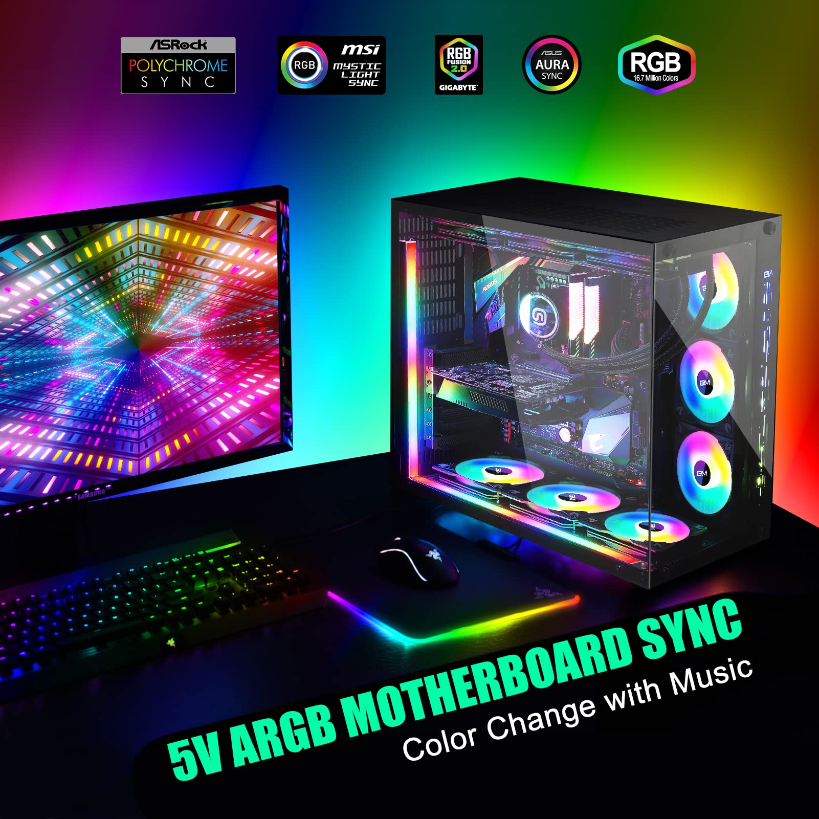 GIM KB-14 Pro Magnetic RGB Light Strip, 1.1ft ARGB LED, Multicolor, Aluminum, 5V 3-pin & 4-pin Header, Mini Controller