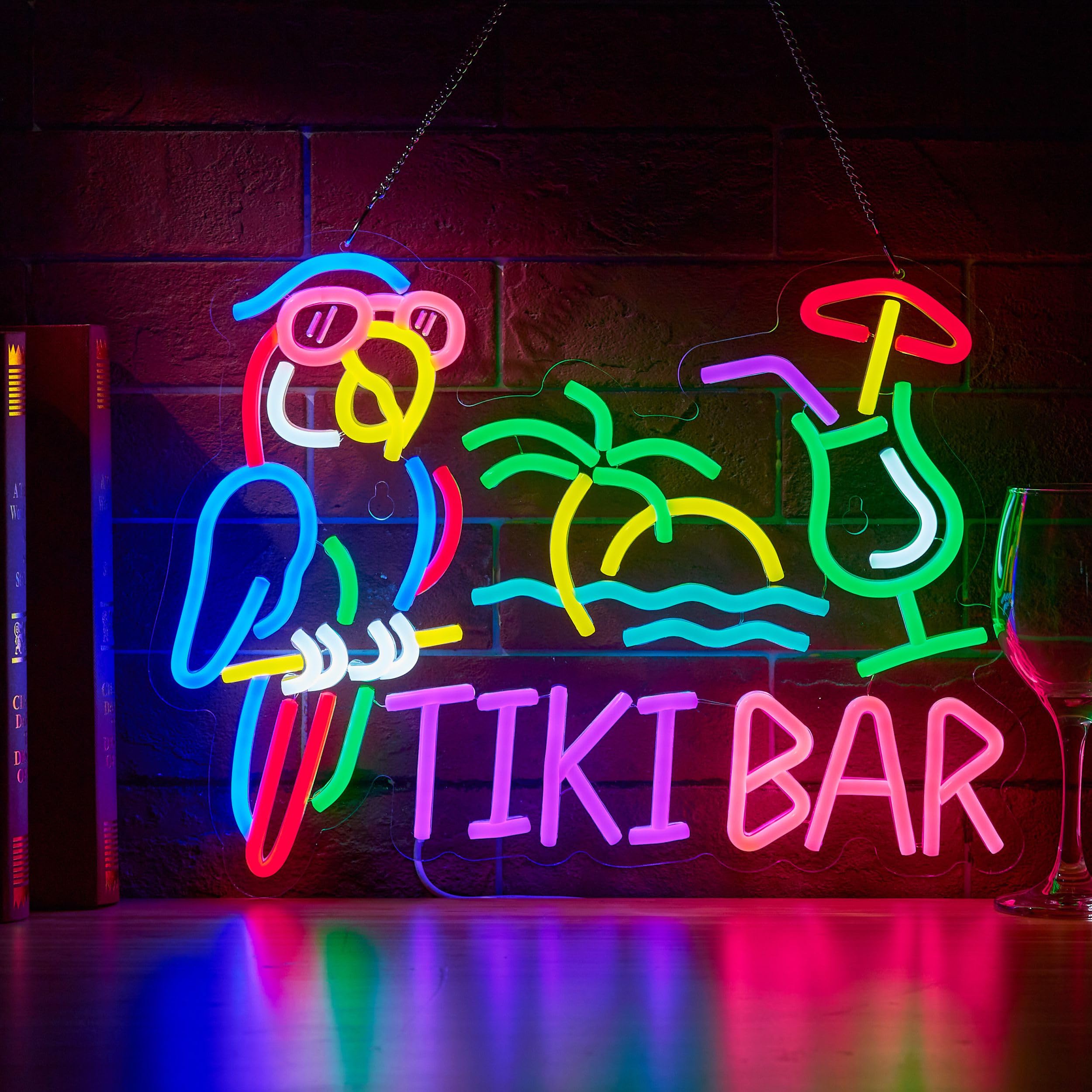 Tiki Bar Parrot Palm Tree Neon Sign For Wall Decor Hawaii Beach Bar Led Light Up Signs With Dimmer For Pub Party Man Cave Room Art Decor Gift