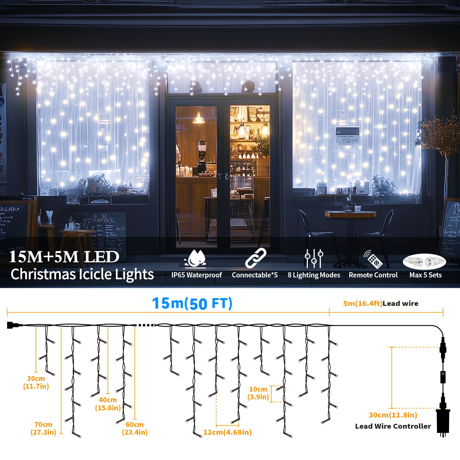 Xzai 800Led 50Ft, Icicle String Lights, Plug-In, Cool White, Christmas Party Decors, Connectable, Memory, Remote, 8 Modes, Timer