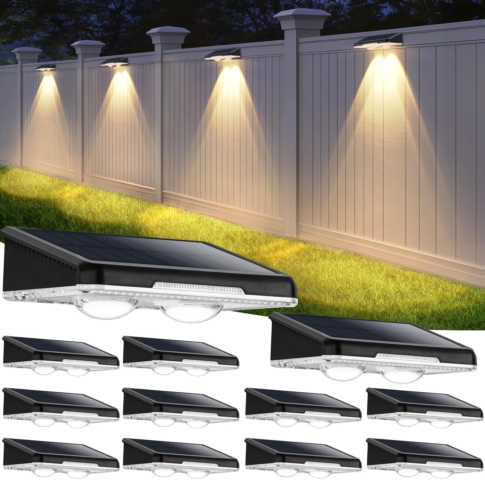 Brightever Solar Fence Lights Outdoor 12-Pack  Waterproof LED Solar Powered Deck Light with 3 Modes (3000K/4500K/6500K) for Outside  Step  Stairs  Balcony  Yard  Patio  Walkway  Pathway  Railing
