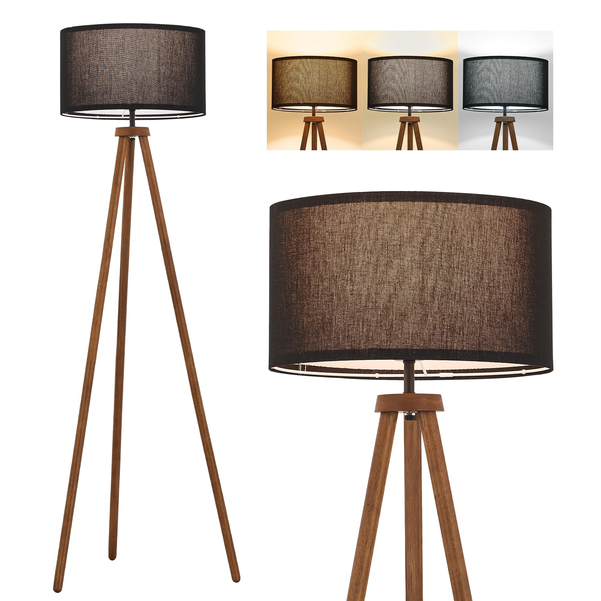 Elyona Wood Tripod Floor Lamp, Modern Standing Lamp With Black Drum Linen Shade & 3 Color Temperatures Led Bulb, Industrial Tall