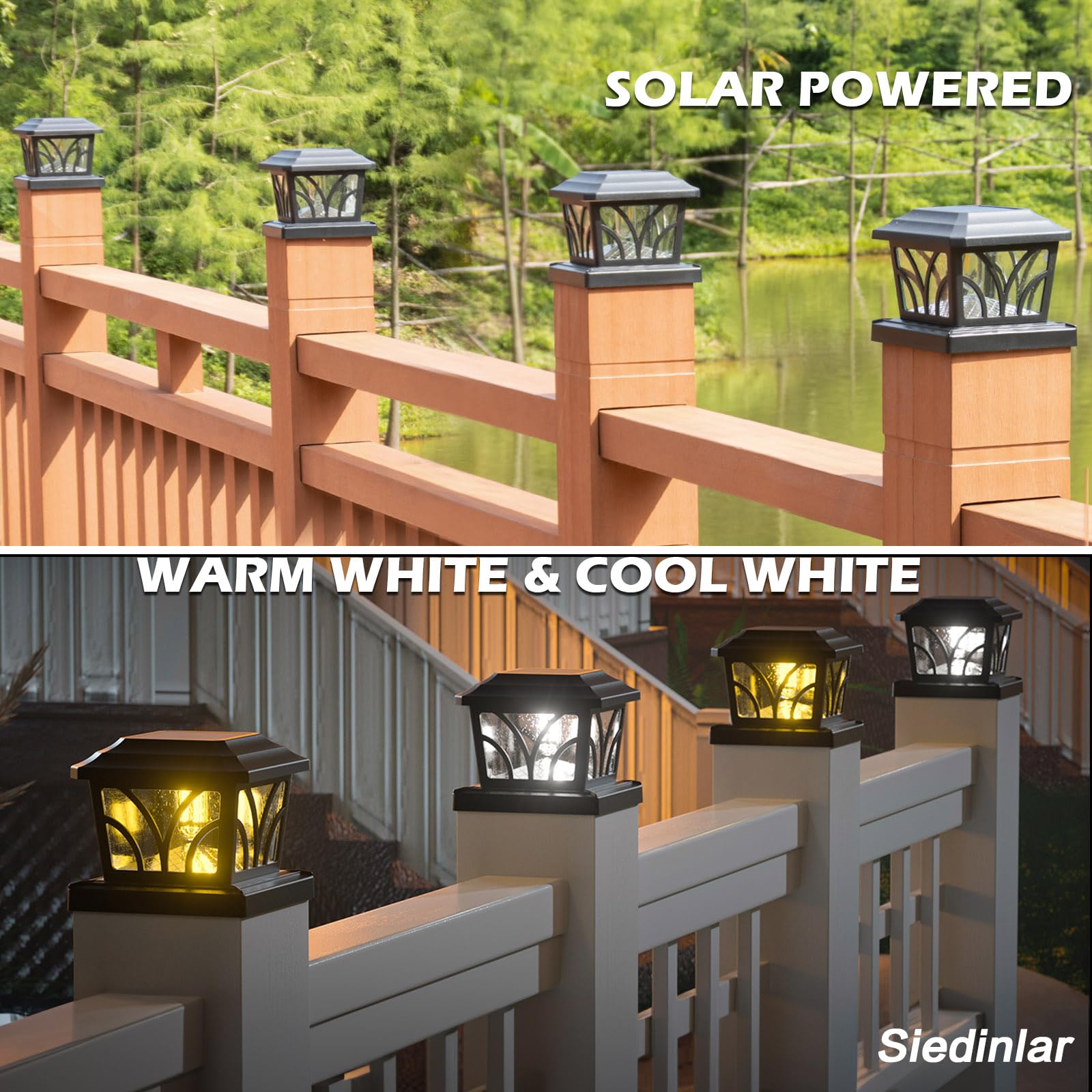 SIEDiNLAR Solar Post Cap Lights, Aluminum Glass, 2 Modes, 6 Pack, Black, Model SD026B-6PK