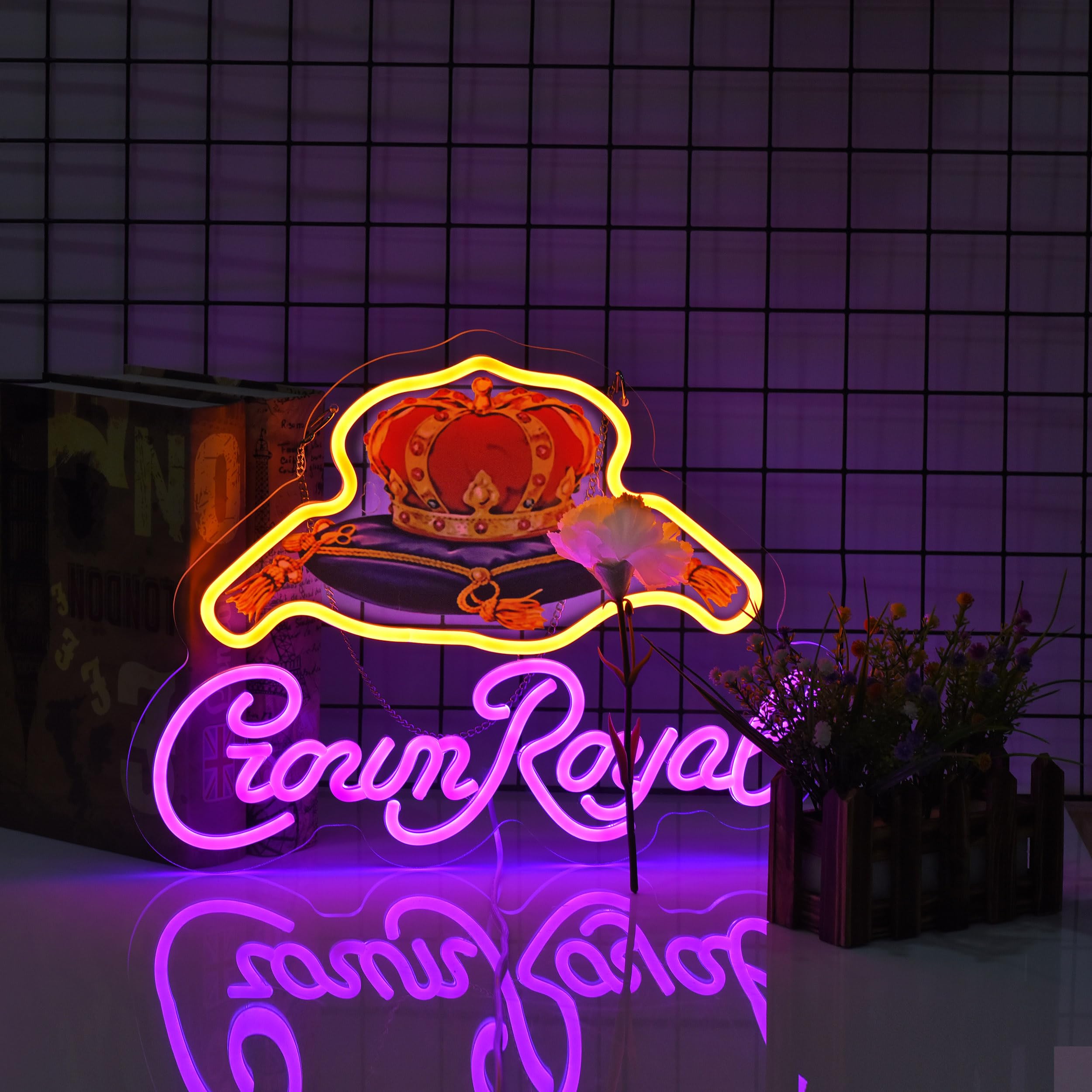 Yooyneon LED Neon Sign Crown Art Wall Décor Light, 17x13 inches, Yellow+Purple, Dimmer for Home Bar and Man Cave