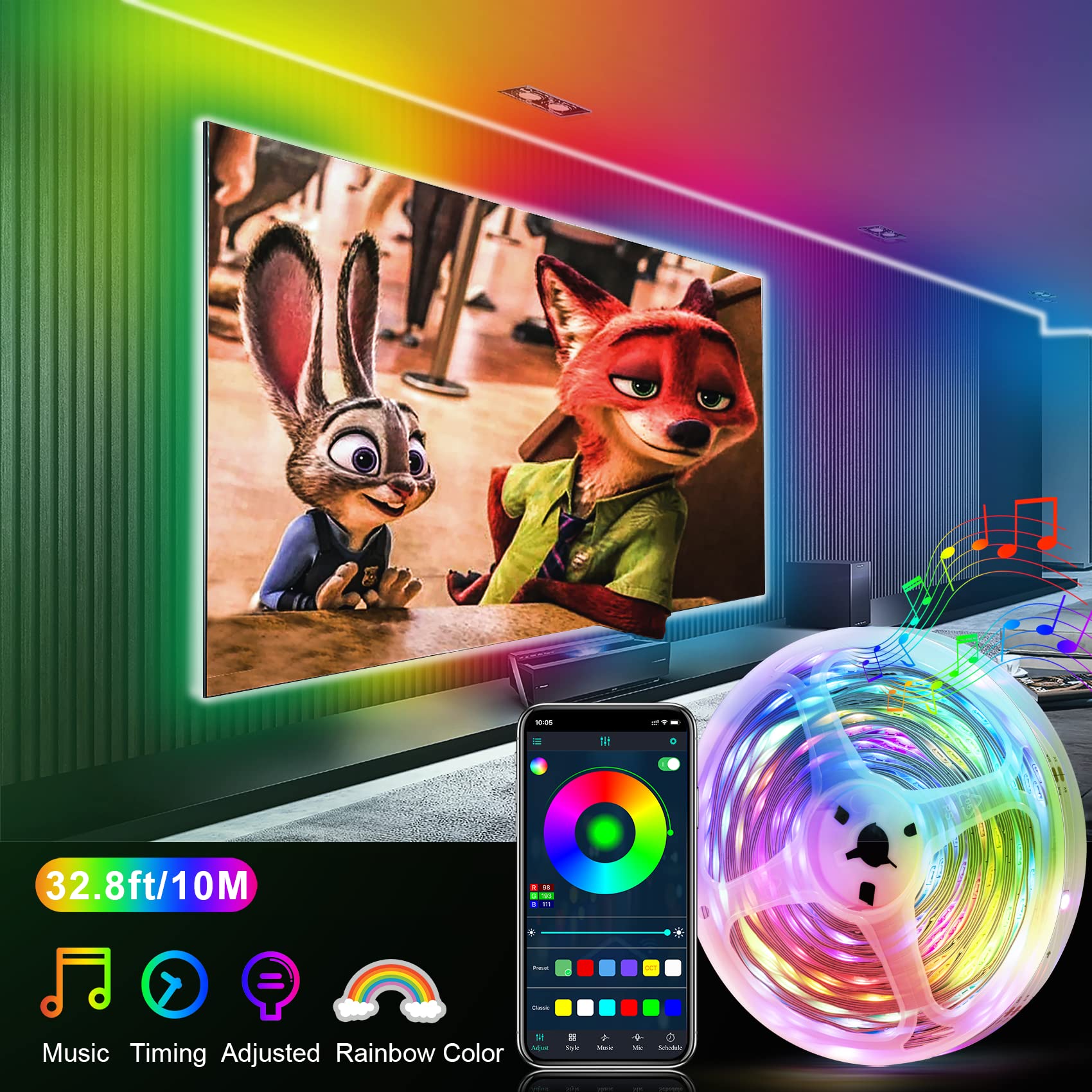 Houhui Led Strip Lights With Smart Ic  32.8Ft Rgb Ic Led Lights For Bedroom  App Control Color Changing Strip Light With Remote Music Sync For Home Game Room Kitchen Party Bar Indoor Lighting Decor