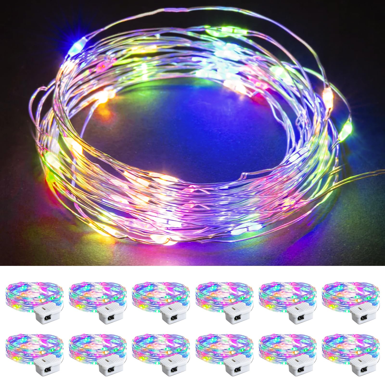 Chzk Fairy Lights Battery Operated  12 Pack 7Ft 20 Led Mini String Lights Twinkle Lights For Christmas Helloween Mason Jars Centerpiece Table Decorations (12  Multicolor)