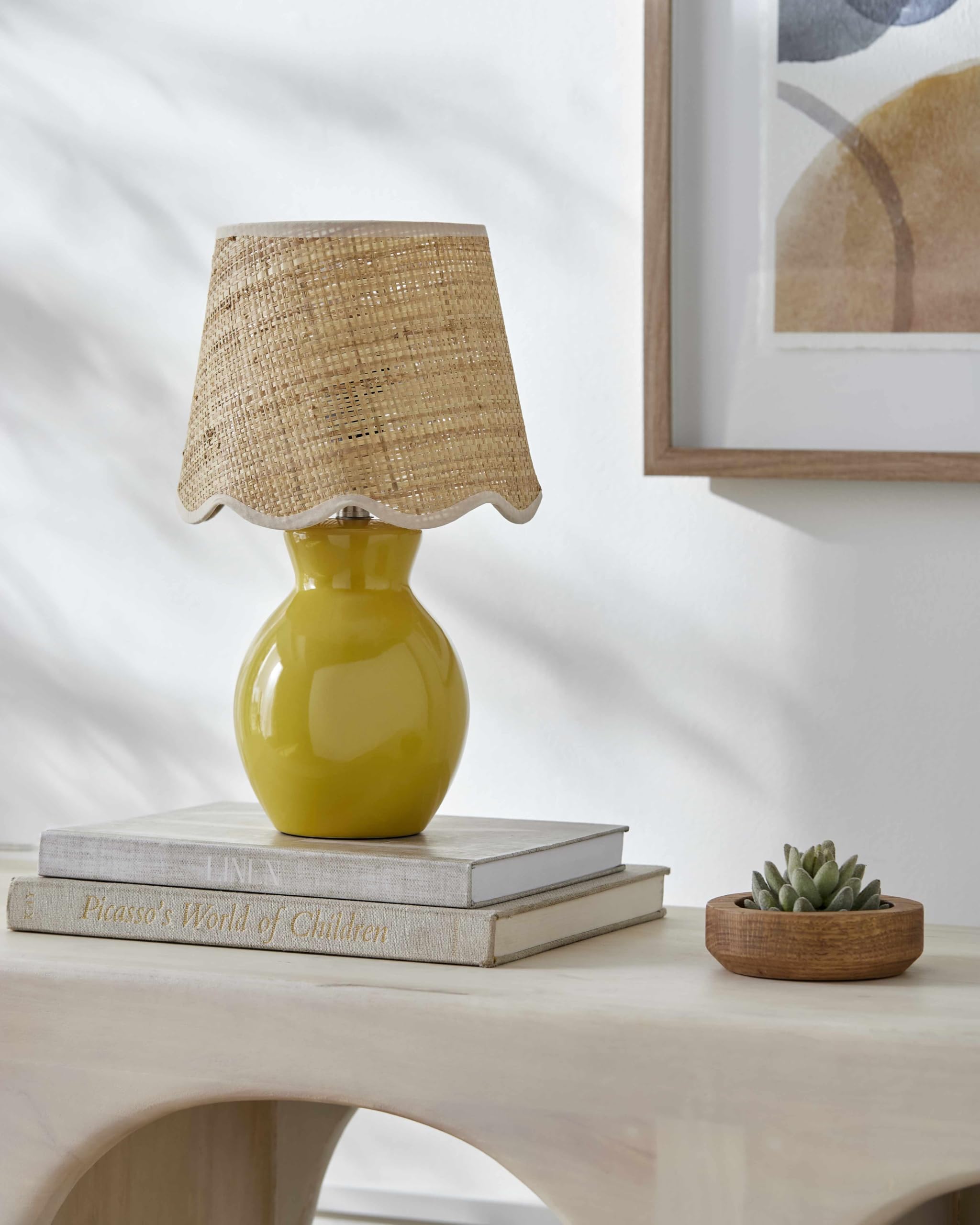 BoutiqueRugs Boho Ceramic and Jute Bedside Table Lamp 15in H Yellow Beige Model SPXZVA7-010