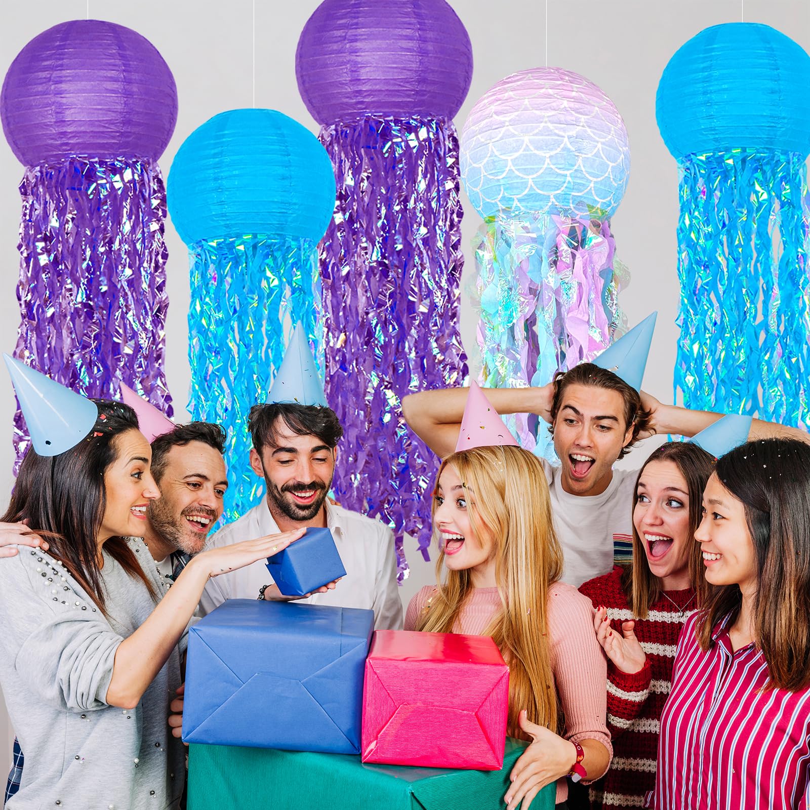 Blue Purple Hanging Jelly Fish Paper Lanterns, Gradient Colorful Paper Lanterns For Mermaid Theme Party, Turtle Party, Under The