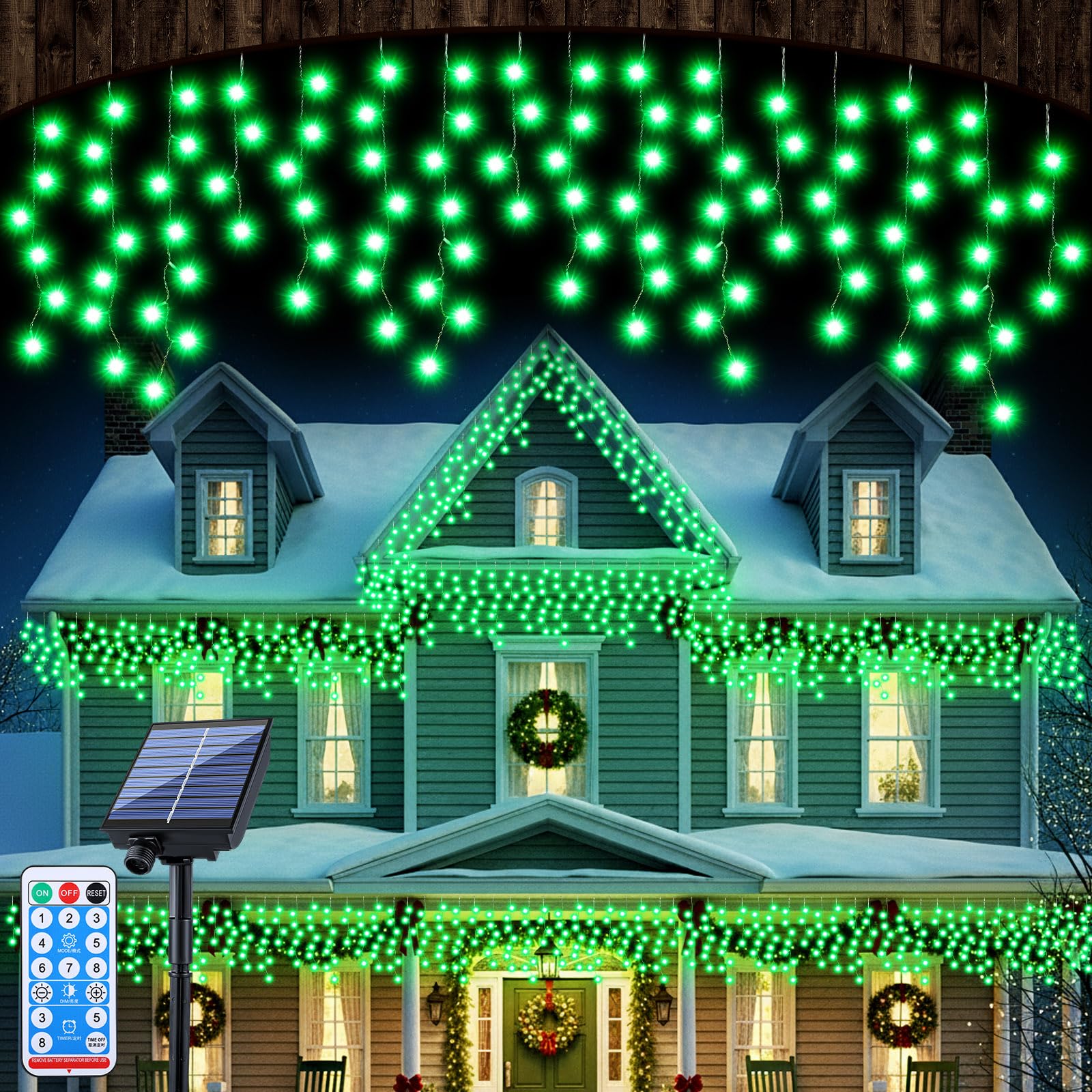 Retisee 65ft Green Solar Icicle Christmas Lights for Outdoor Decorations 600 LED Waterproof Xmas Curtain String Lights Solar Pow