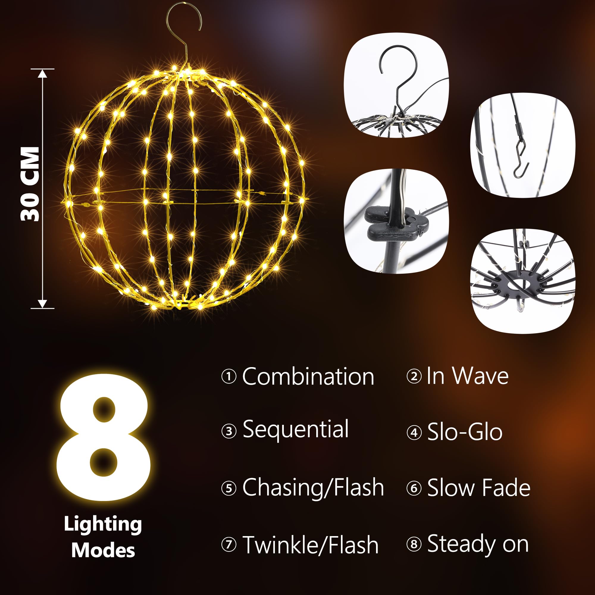 Joomer 2 Pack 12IN Christmas Ball Lights - 120 LED Waterproof Hanging Globe Lights, Warm White, Connectable with Timer, Model JT-EL/FC060V0600-C