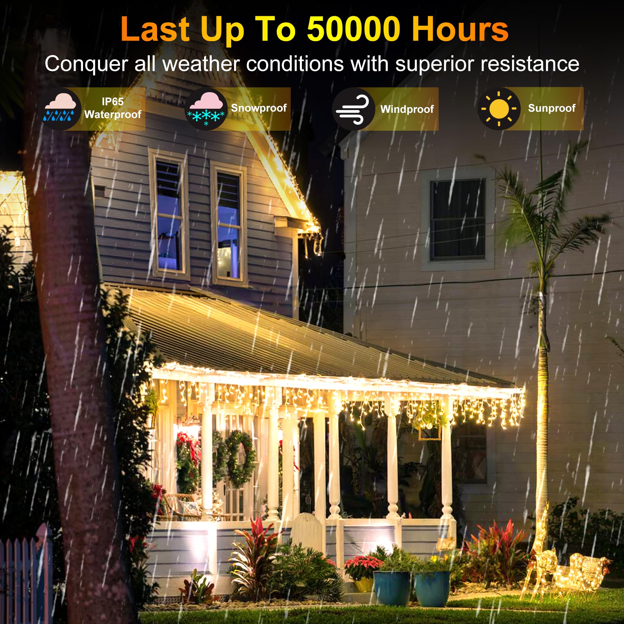QUHUATU 612 LED Christmas Lights, 60FT, 136 Drops, Warm White, Waterproof, 12 Modes, with Timer, Model WX-612L
