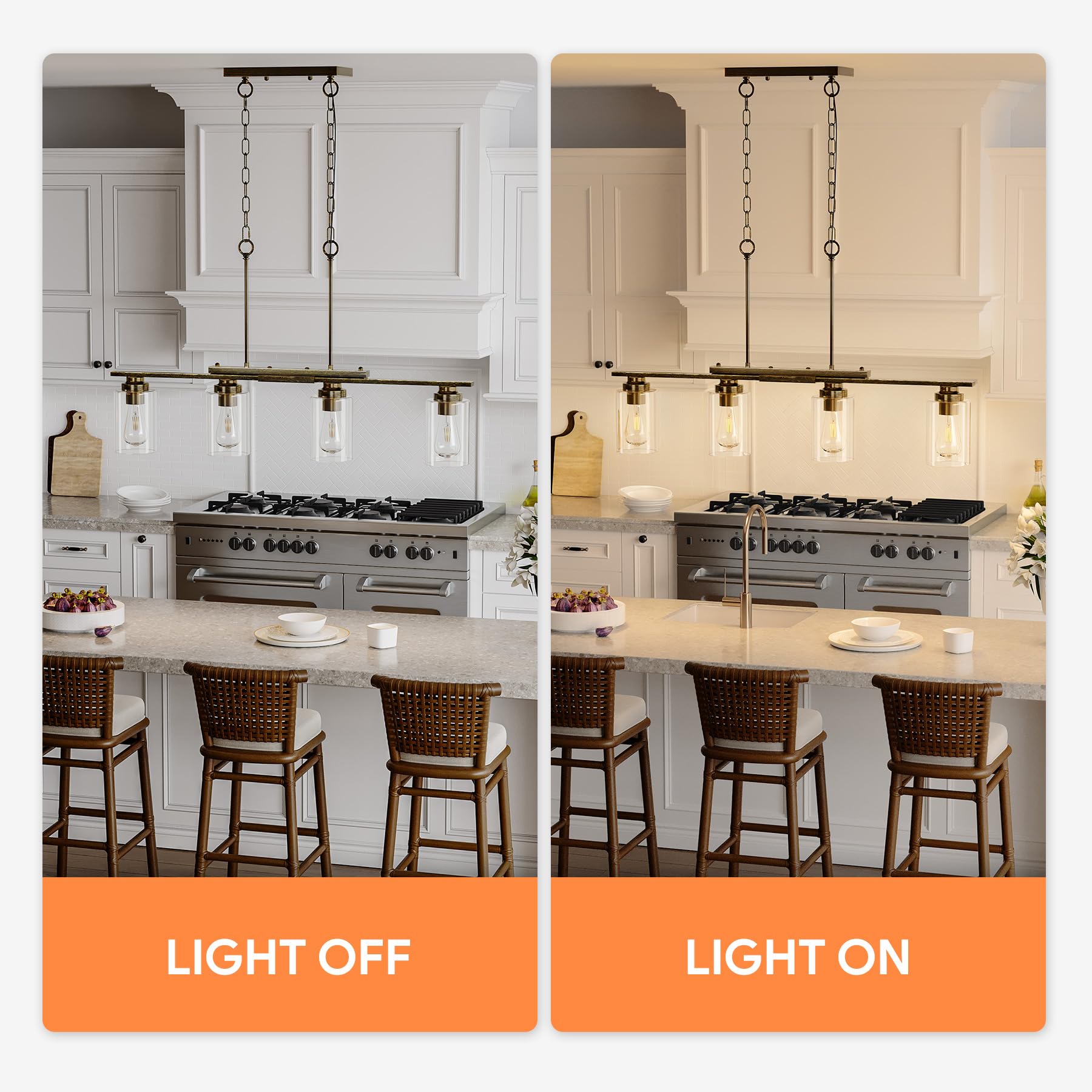 VONLUCE 4-Light Kitchen Island Chandelier, Glass Shade, Antique Black, Model PDL-GLC, ETL Certified, Farmhouse Dining Room Fixture