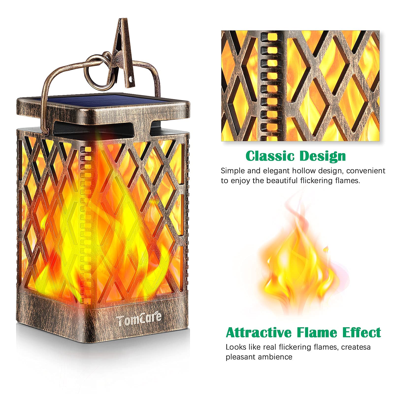 TomCare Solar Lights Outdoor Lanterns, 2 Pack Bronze, Waterproof LED Flickering Flame for Patio Garden Deck