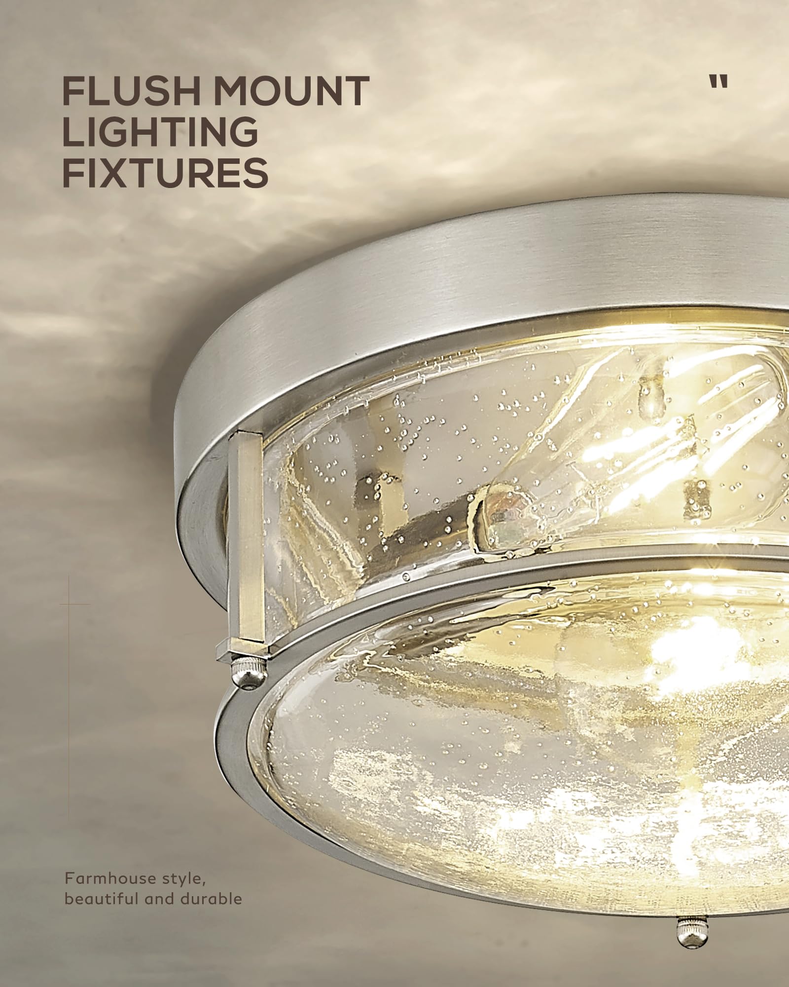 Femila Brushed Nickel Flush Mount Ceiling Light, 12'' Bedroom Ceiling Light, Modern Light Fixtures Ceiling, Seeded Glass, E26 Ba