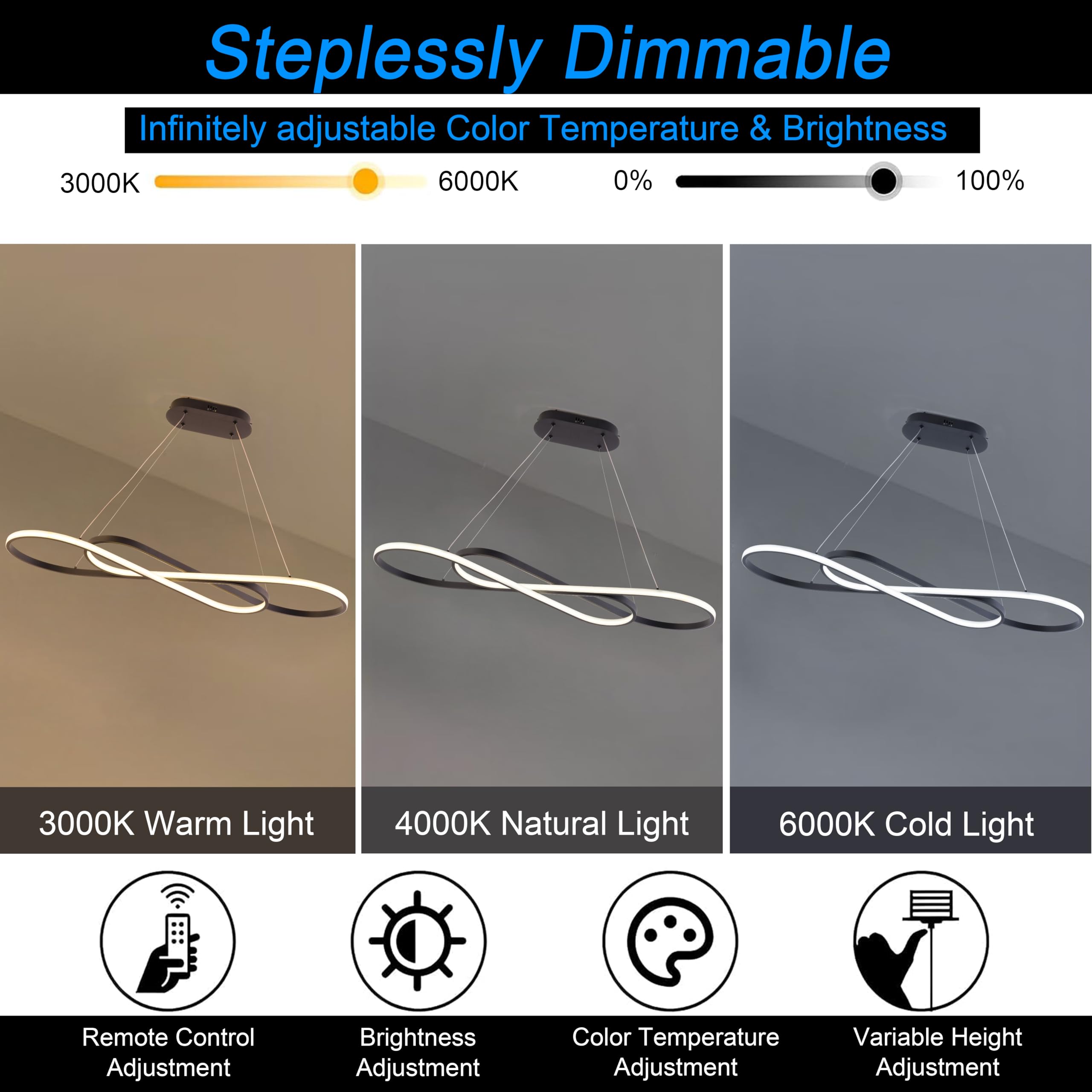 Led Chandelier,39.4Inch Modern Led Pendant Light With Remote,Dimmable Black Chandelier For Dining Room,Adjustable Height 45W Alu