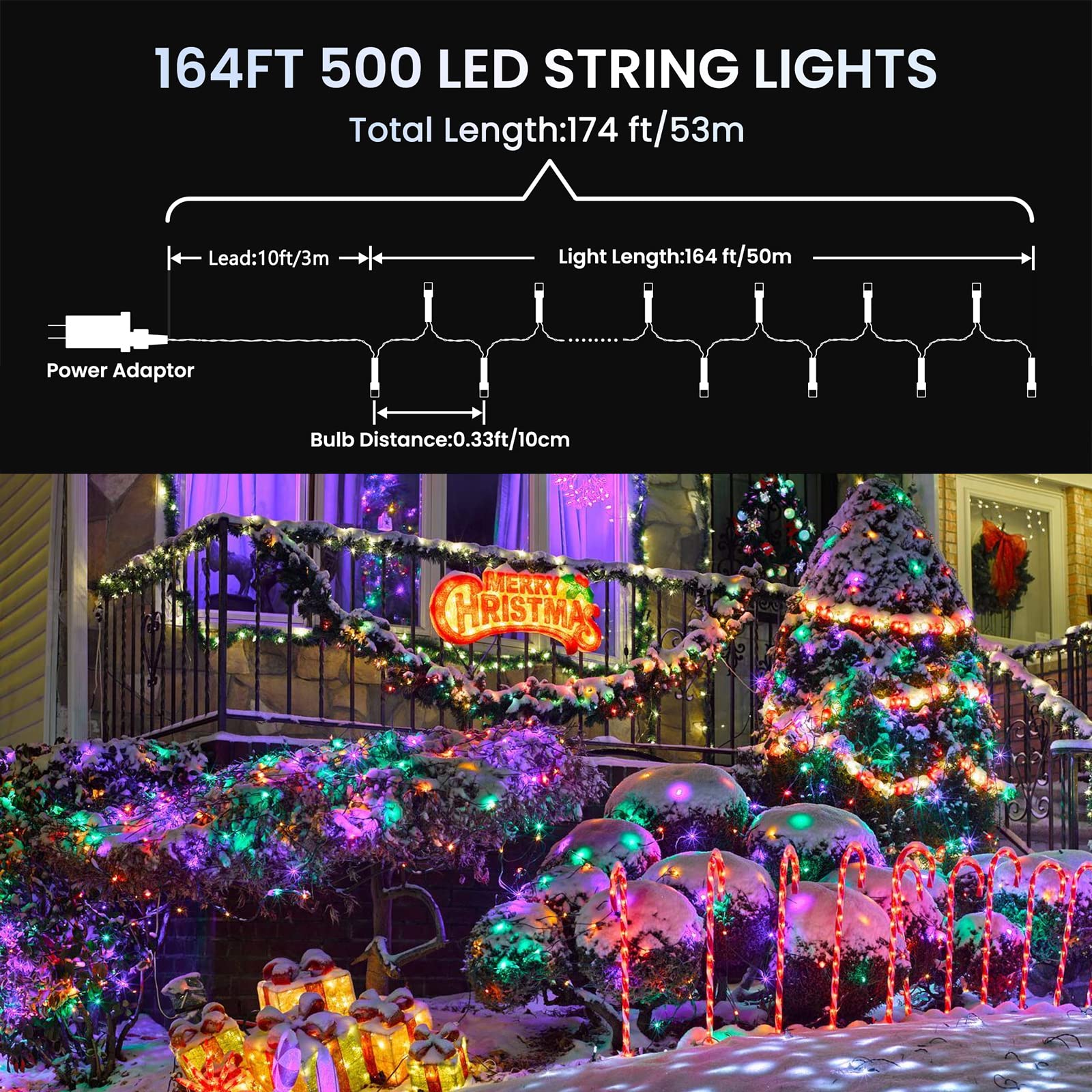 175Ft Christmas Lights Outdoor, 500 Led Christmas String Lights With 8 Modes, Timer, Waterproof Fairy Twinkle Lights For Christmas Party, Garden, Wedding, Holiday, Xmas Tree Decorations (Multicolor)