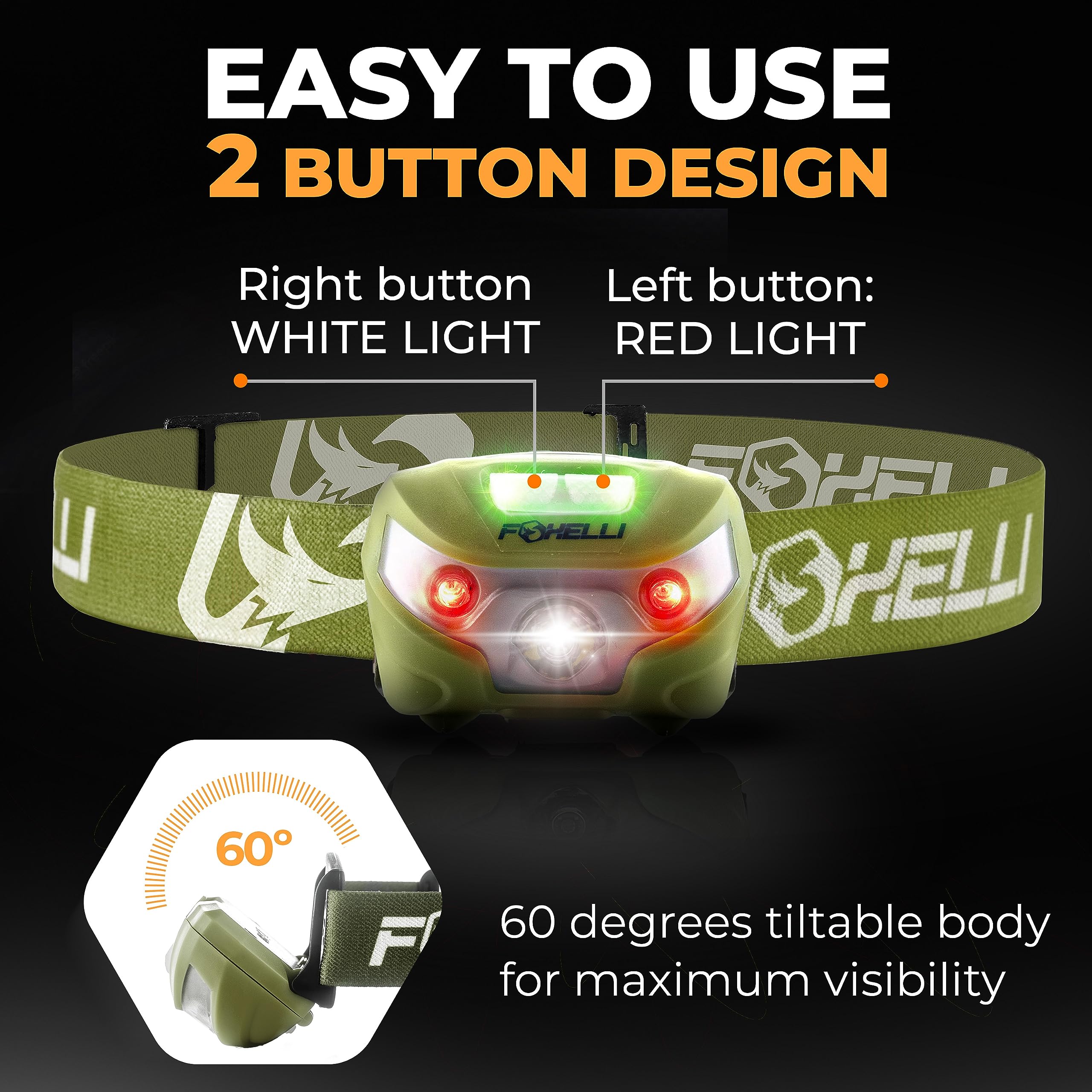Foxelli Rechargeable LED Headlamp - Super Bright, Lightweight, Khaki, Model MX10H, Ideal for Running, Camping, Hiking, and Work