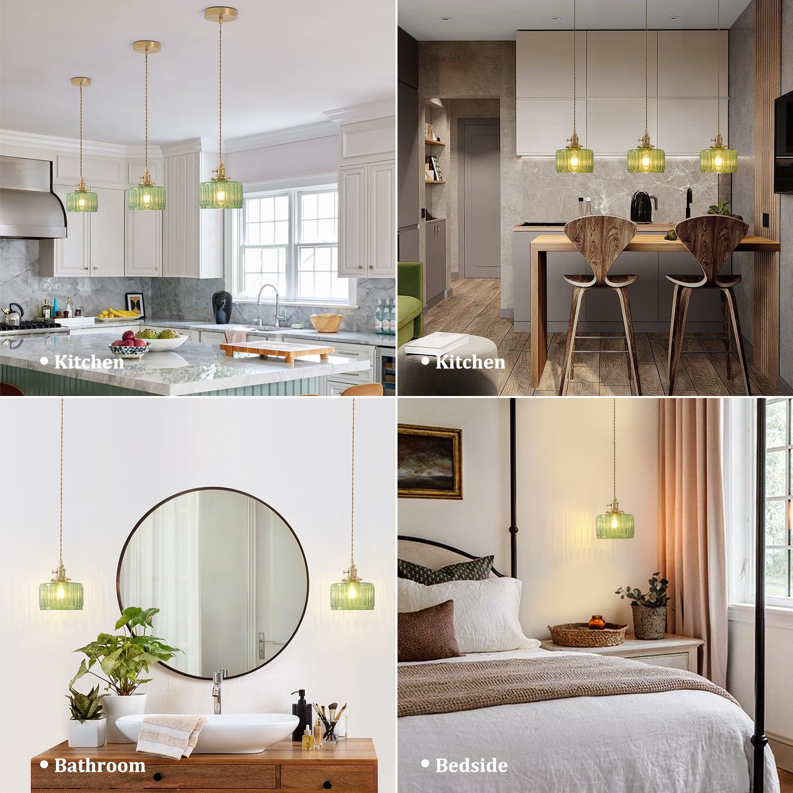 Shenmoyl Pendant Light With Green Striped Glass Lmapshade, Brass Vintage Pendant Light Adjustable Hanging Light For Kitchen Isla