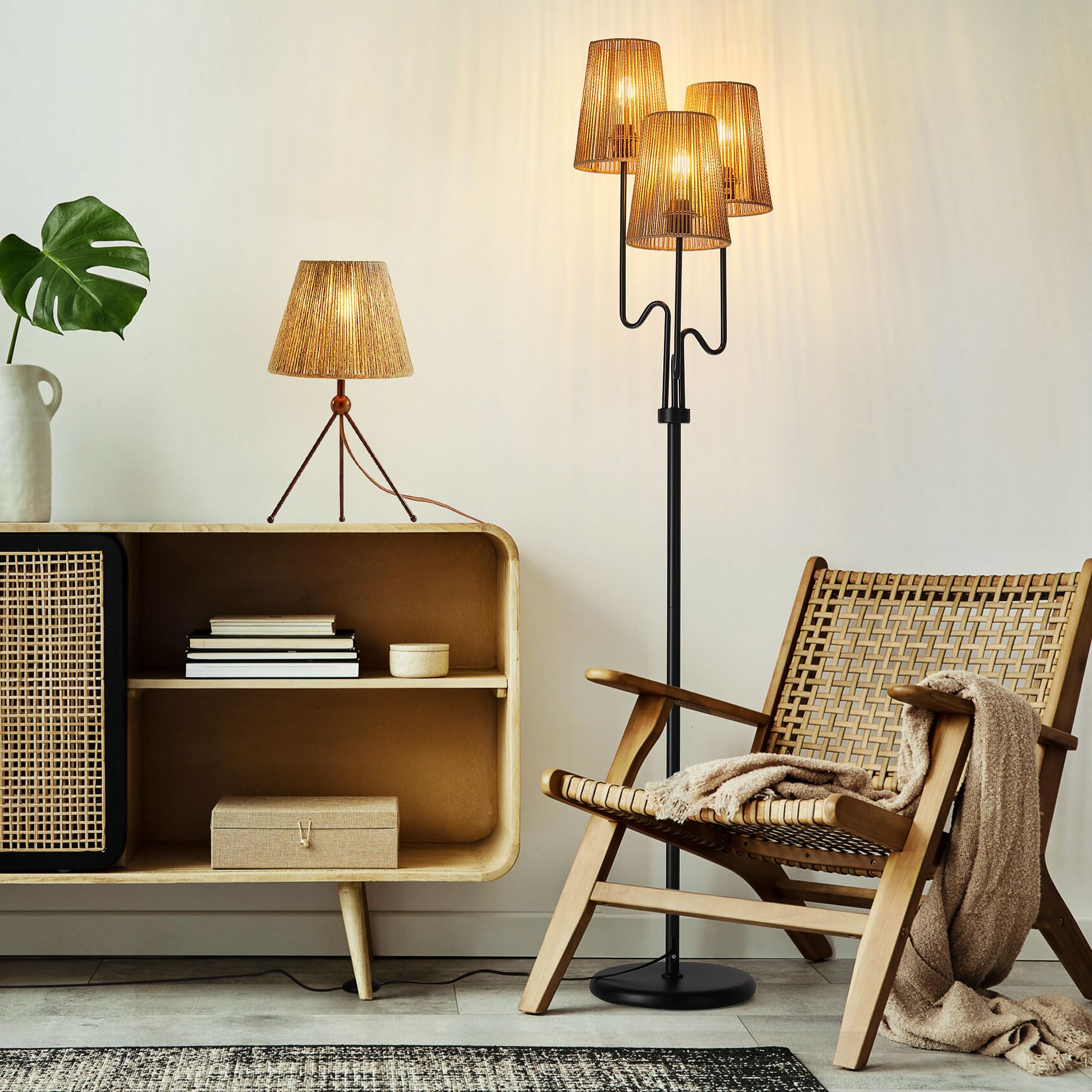 ZenGlimmer Boho Floor Lamp - 68in Rattan Shade, 3 Light Tree Design, Black, Metal & Woven, Model FL702, Ideal for Rustic & Coastal Decor