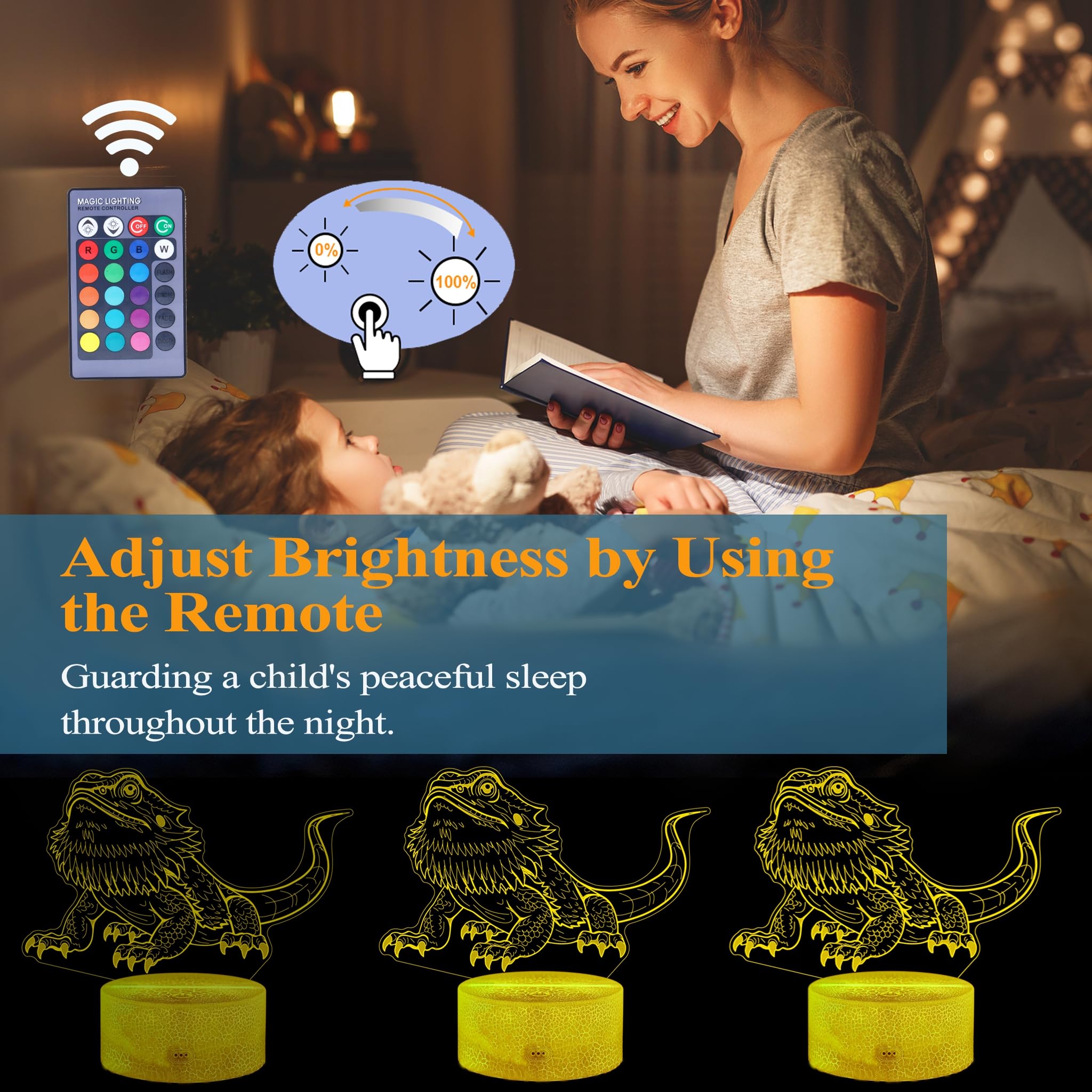 Posshe Bearded Dragon Gift, Bearded Dragons Night Light With Remote Control, 16 Colors Changing, Rgb Flashing Mode, Dimmable, Gr