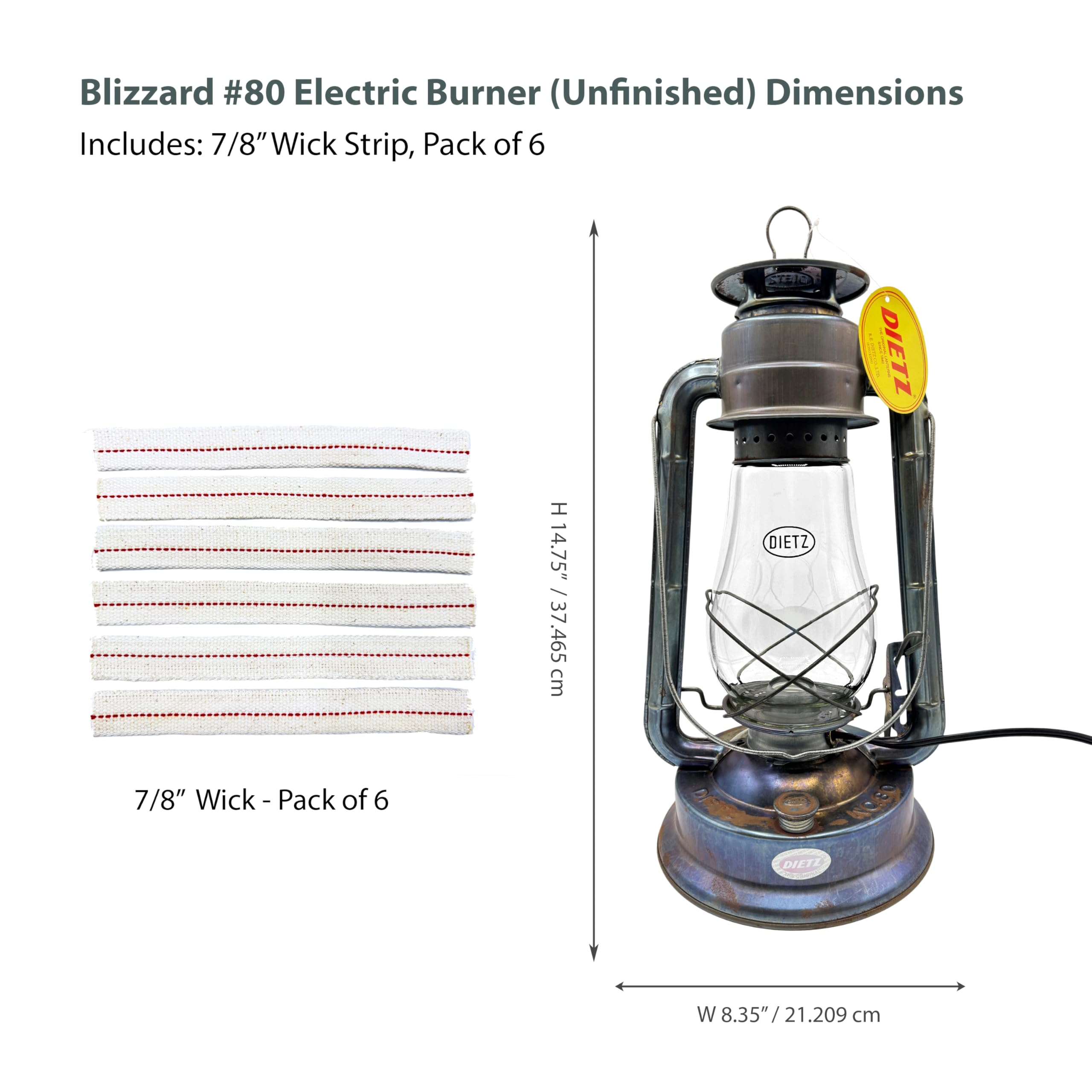 Light of Mine - Dietz #80 Blizzard Oil Lantern with 7/8 Replacement Wick Strips (Unfinished with Electric Conversion Kit)