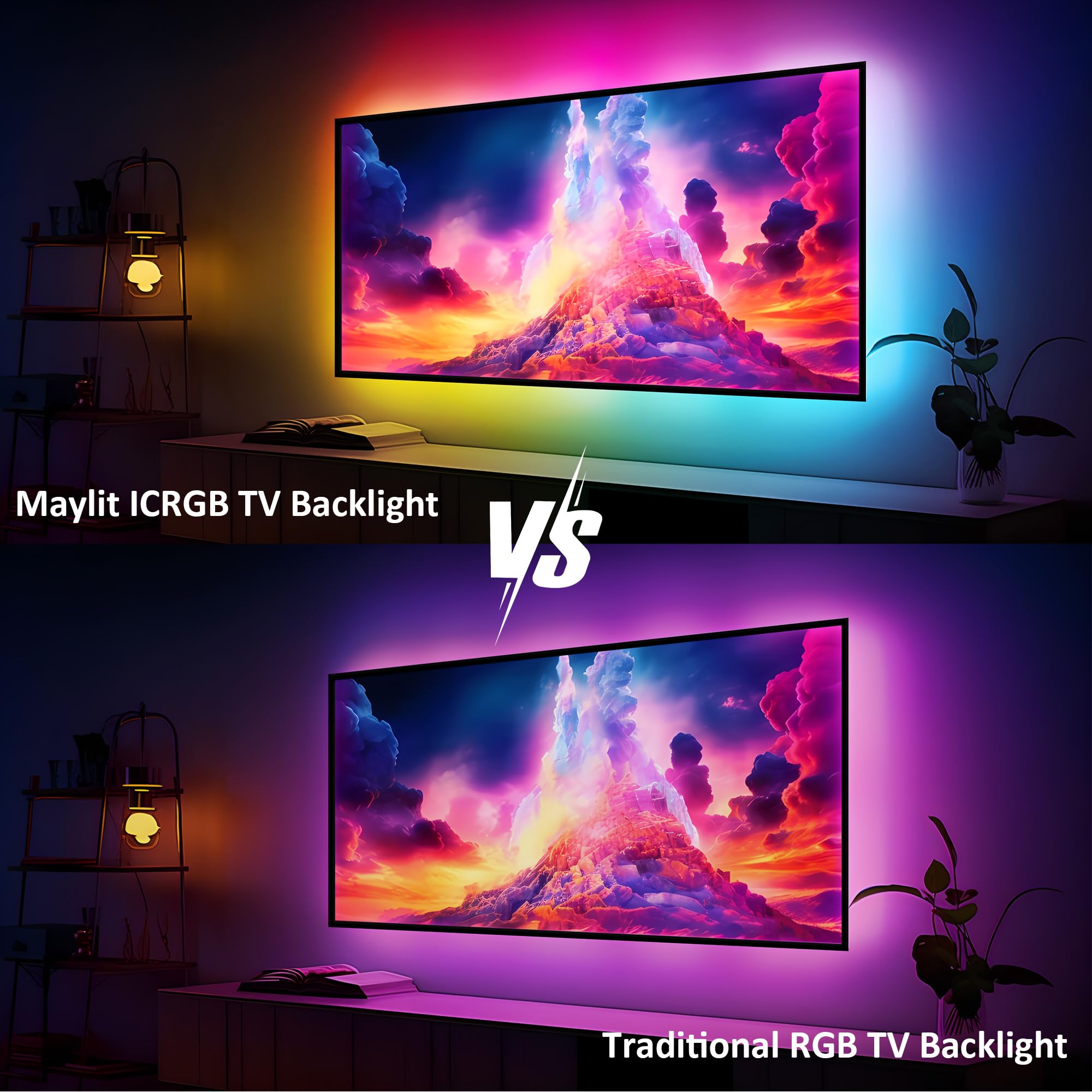 Maylit ICRGB LED Backlight for 71-75in TV, 18FT USB App Control Color Changing Strip Lights, Music Sync, Gaming Decor