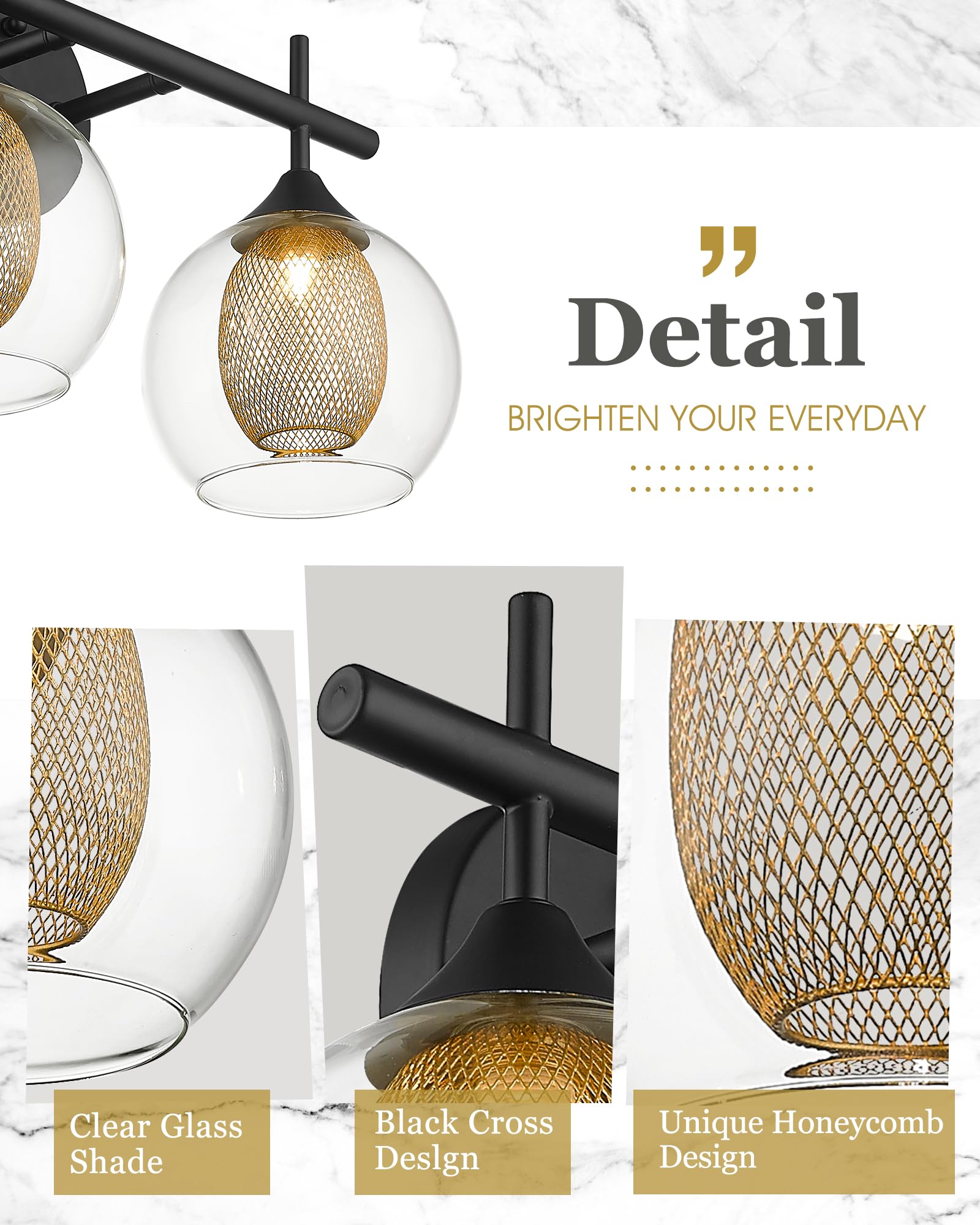 Audickic 3-Light Black and Gold Bathroom Vanity Light Fixture, Metal Wall Sconce with Clear Glass Shade, Model AD-22001-3W-BK