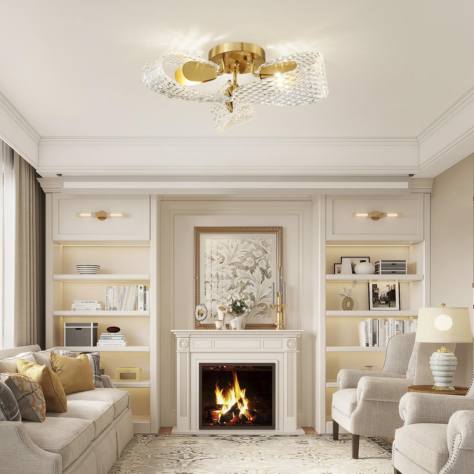 Agv Lighting Cl059 Glass Chandelier, Flushmount Ceiling Light Fixture For Living Room, Close To Ceiling Modern Design, 3-Lights,
