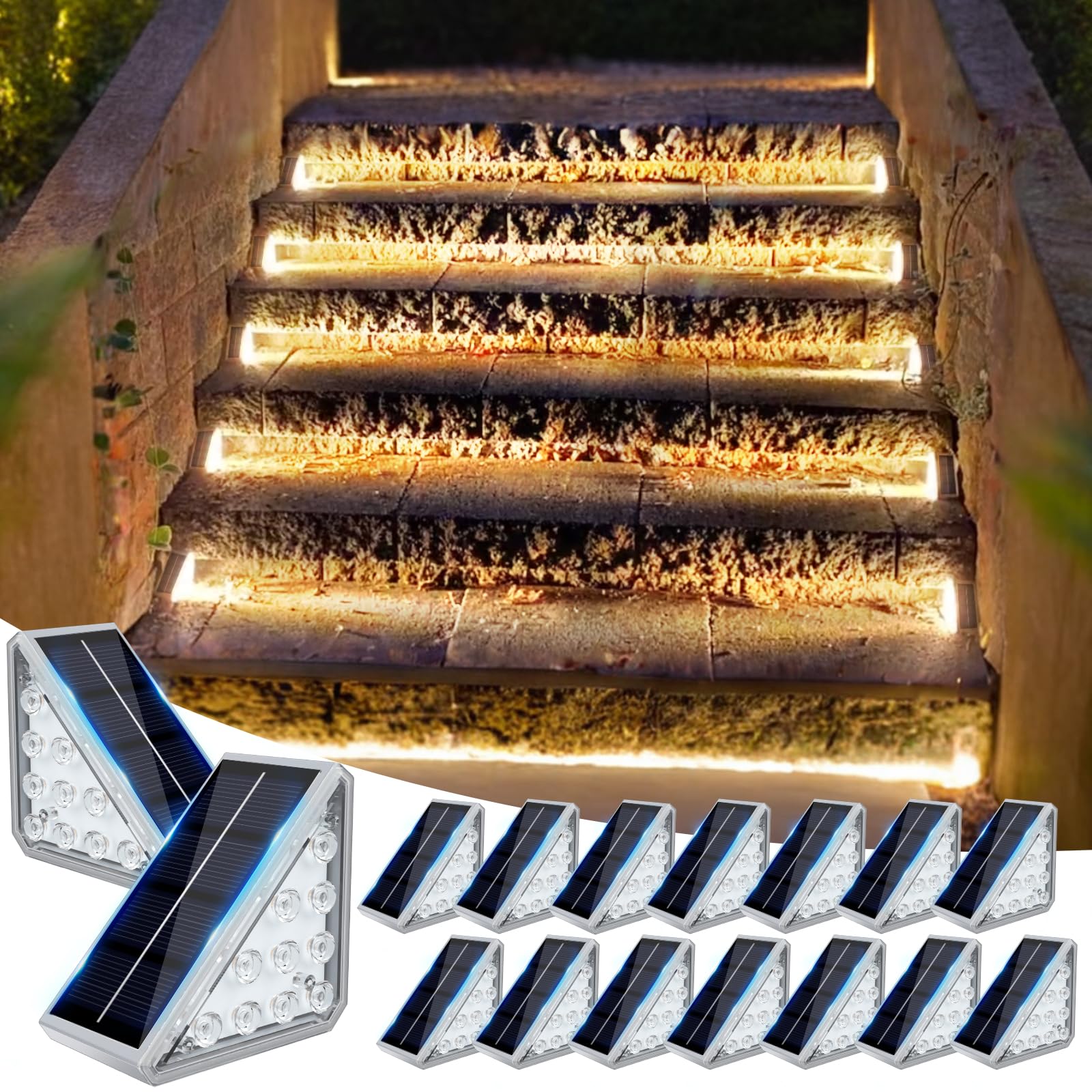 Jofios 16-Pack Solar Step Lights Outdoor Waterproof Ip67 Warm White Stair Lighting