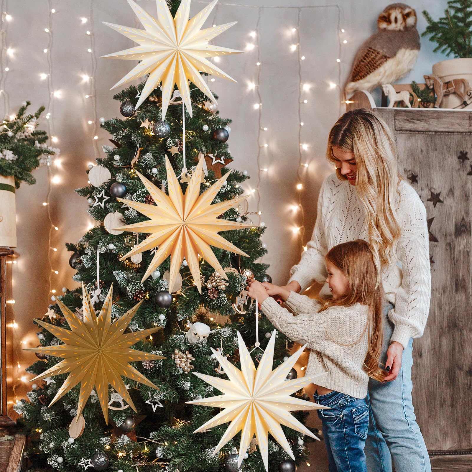 Sunbeauty 14-Pointed 18 Inch Hollow Out Paper Star Lanterns Brown White Christmas Lanterns Hanging Lamp Paper Decorations Shade