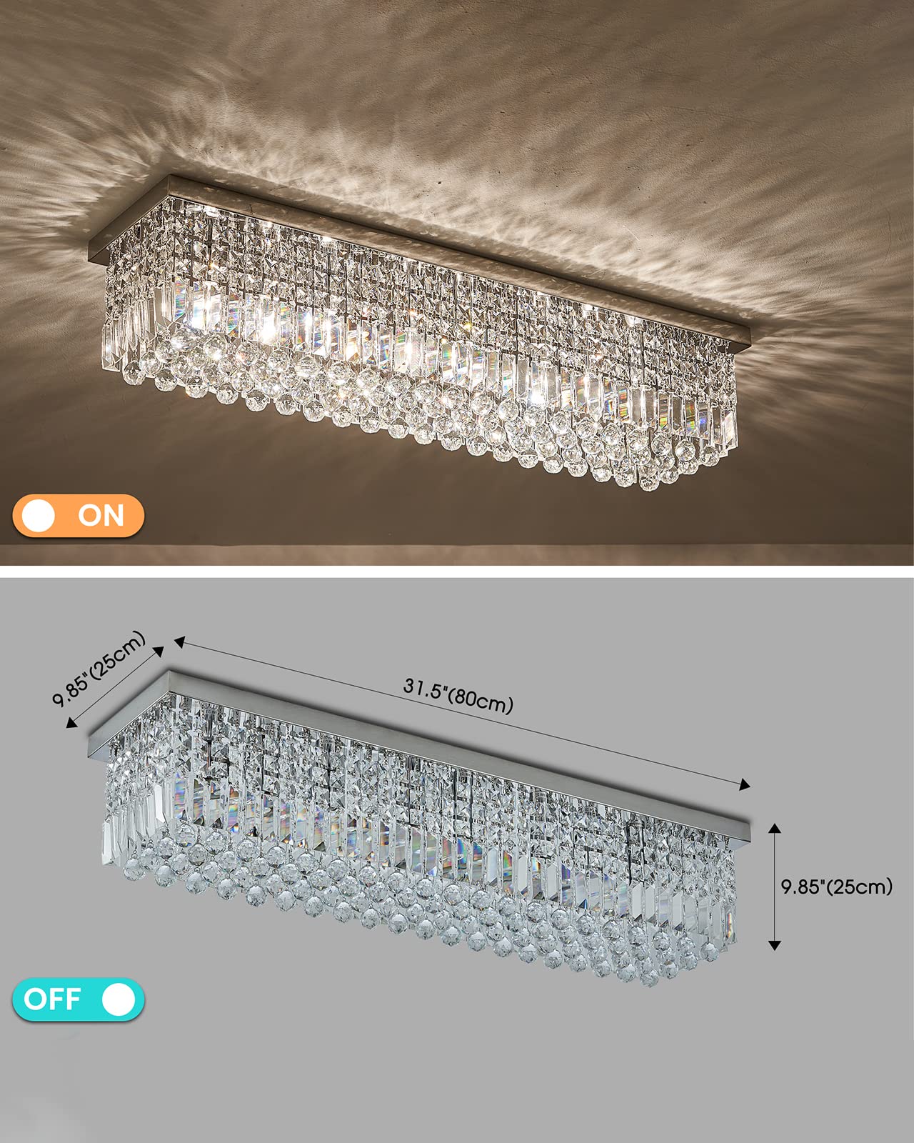 7PM Modern Rectangular Chandelier - 6 Lights, Chrome Finish, 31.5'' x 10'' x 10'', Luxury K9 Crystals, Model CL010895