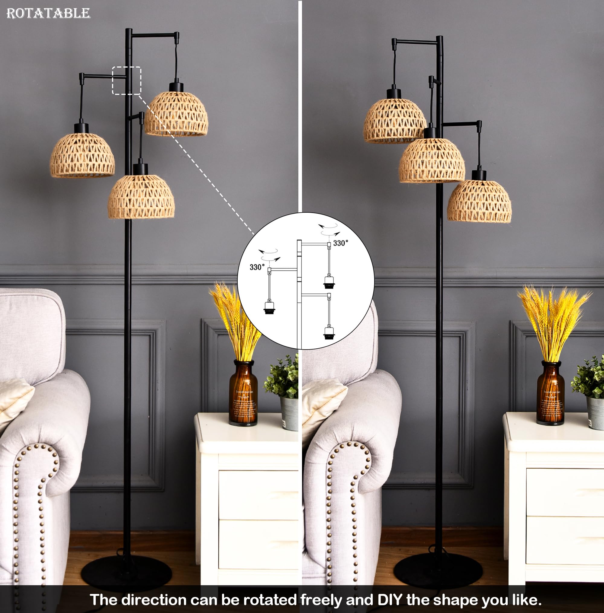 Qiyizm Floor Lamp For Living Room,Bedroom,3-Lights Boho Rattan Floor Lamps,Tree Farmhouse Industrial Black Standing Lamp Wicker
