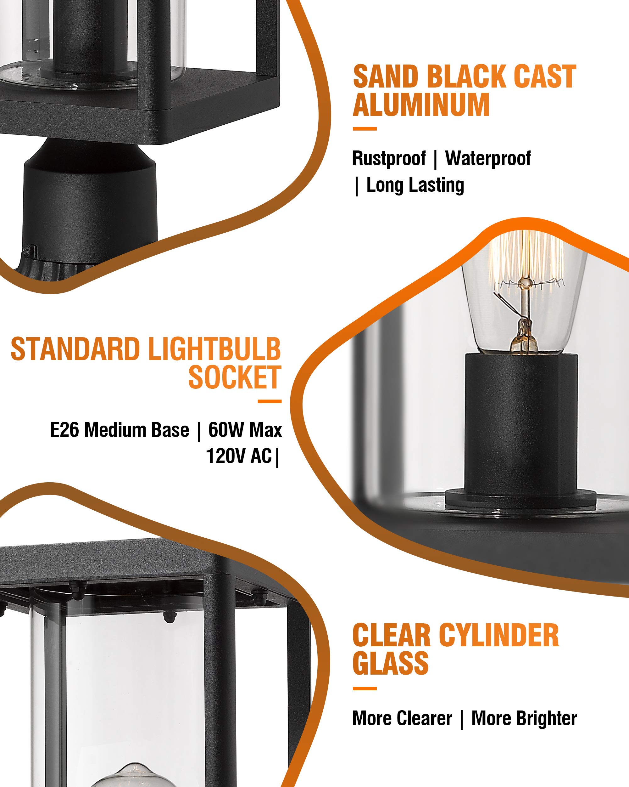 Beionxii Outdoor Post Lantern, Modern Lamp Post Light Fixture, Black Cast Aluminum, Extra Large, Model BXA291-P-2PK, Set of 2