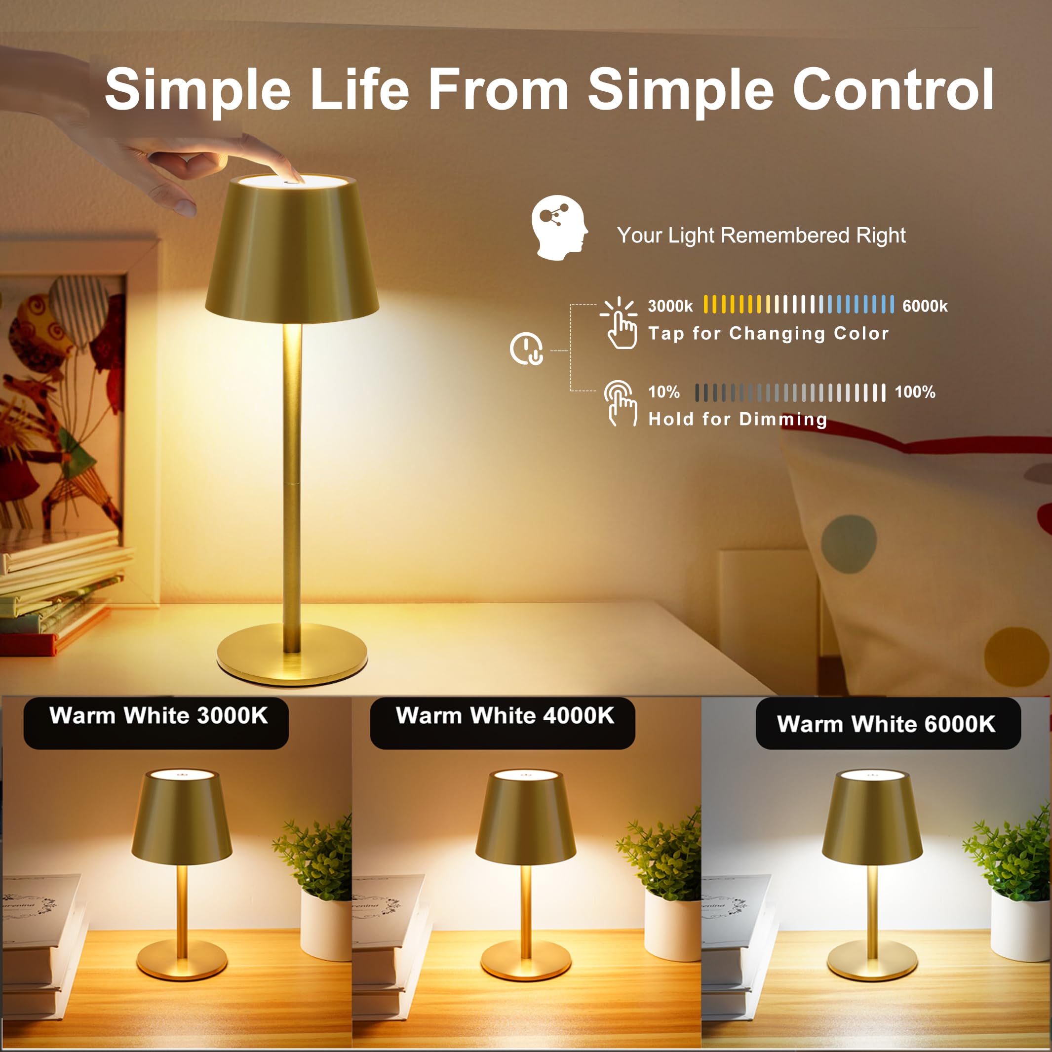 Seyxicnor 2 Pack Gold Cordless Table Lamp Rechargeable, 5400Mah Battery Metal Table Light With 3 Adjustable Heights, 3 Color Ste
