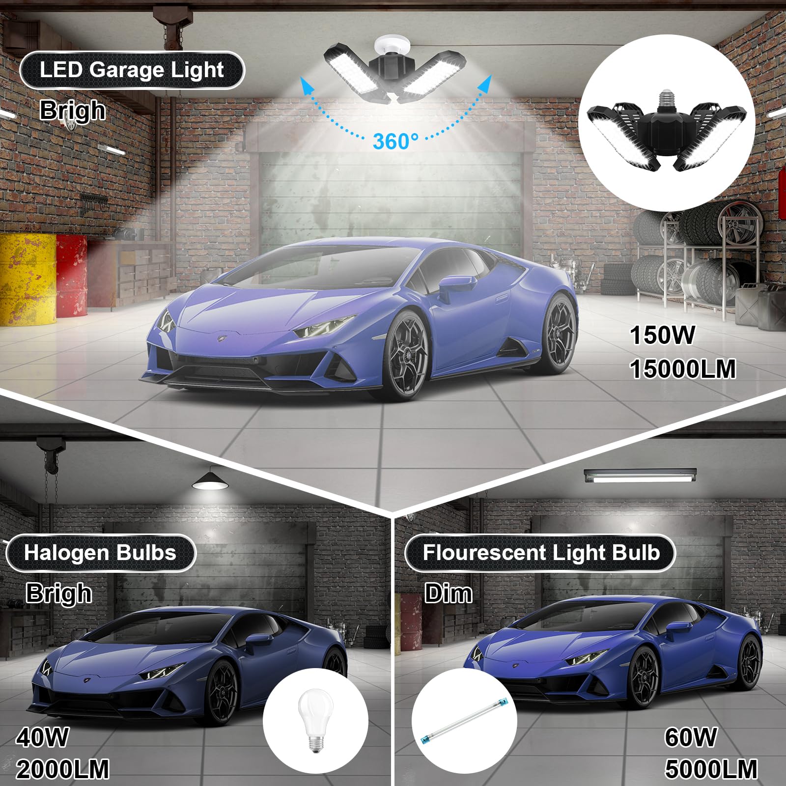 AUDLES 4 Pack LED Garage Light, 150W 15000LM, E26/E27 Socket, Deformable Panels, White/Black