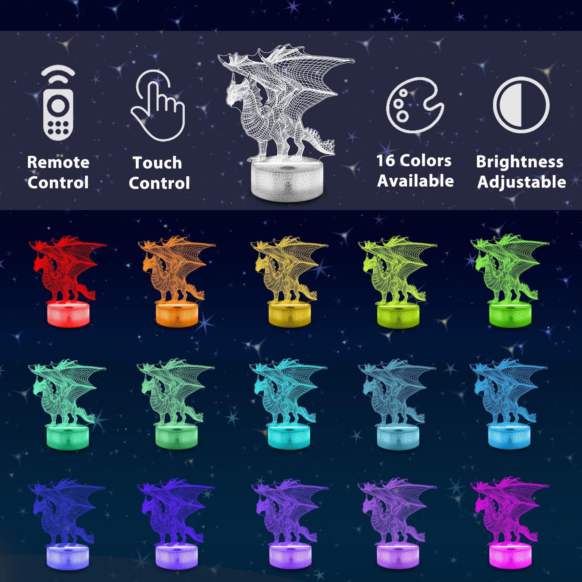 nite 3D Dragon Night Light Lamp, Remote Control, 16 Colors, Kids Room Decor, Model FS-2810-9999, Multicolor