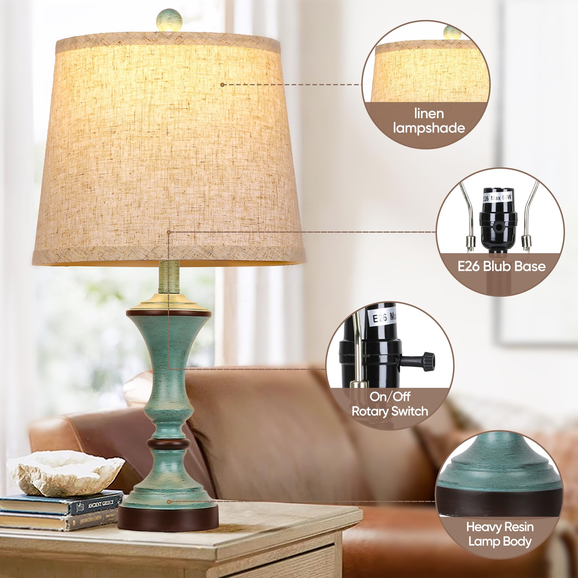 Rottogoon Retro Table Lamps Set Of 2 Nightstand Lamp For Bedroom Vintage Rustic Table Lamps For Living Room Traditional Nightsta