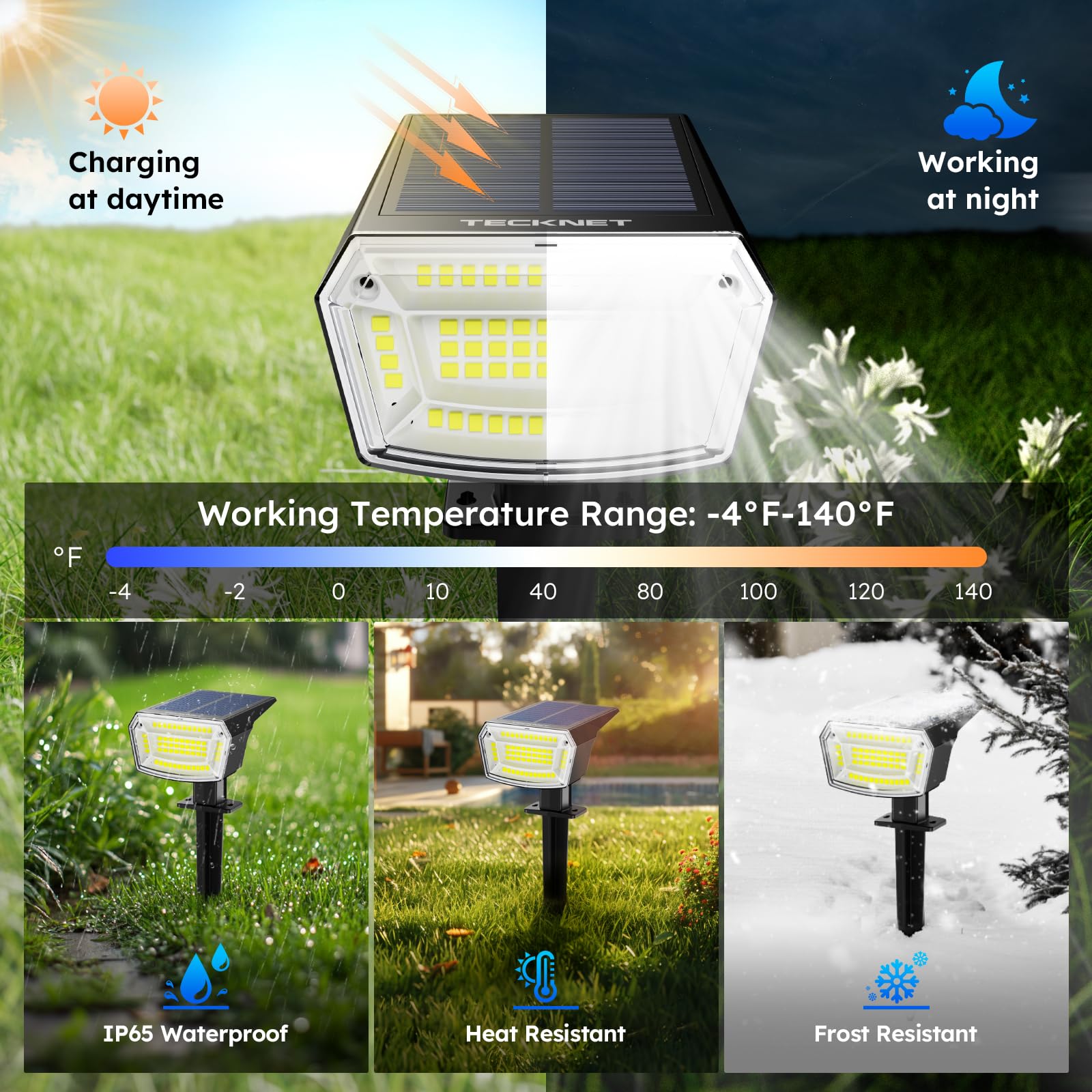 TECKNET Spot Lights Outdoor with 59 LED, 8 Pack Solar Lights Waterproof IP65, Auto On/Off Solar Spot Lights Outdoor, 3 Lighting
