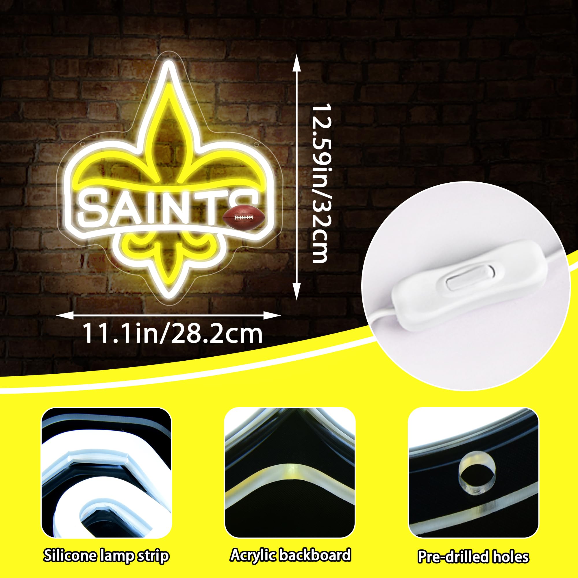 Football Neon Sign For Wall Decor Football Team Neon Sign For Man Cave Or Garage Decor Birthday Gifts For Men Yellow Led Light For Bedroom Bar Dorm Party Game Room Size 11.1 * 12.5In(Zyld291)