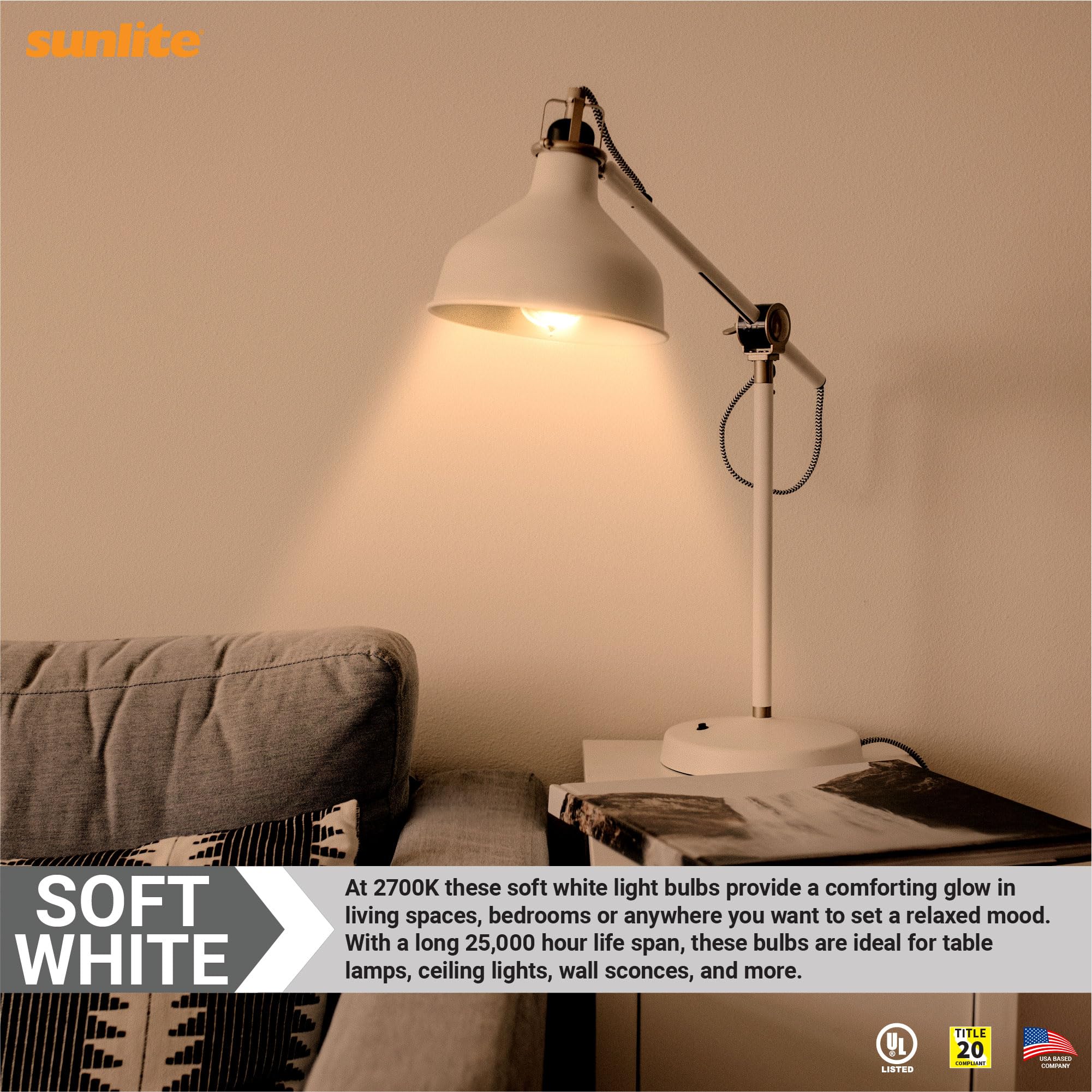 Sunlite Led A19 Light Bulb, 9 Watts (60W Equivalent), 800 Lumens, 120V, Dimmable, Medium E26 Base, 90 Cri, 230 Degree Beam Angle