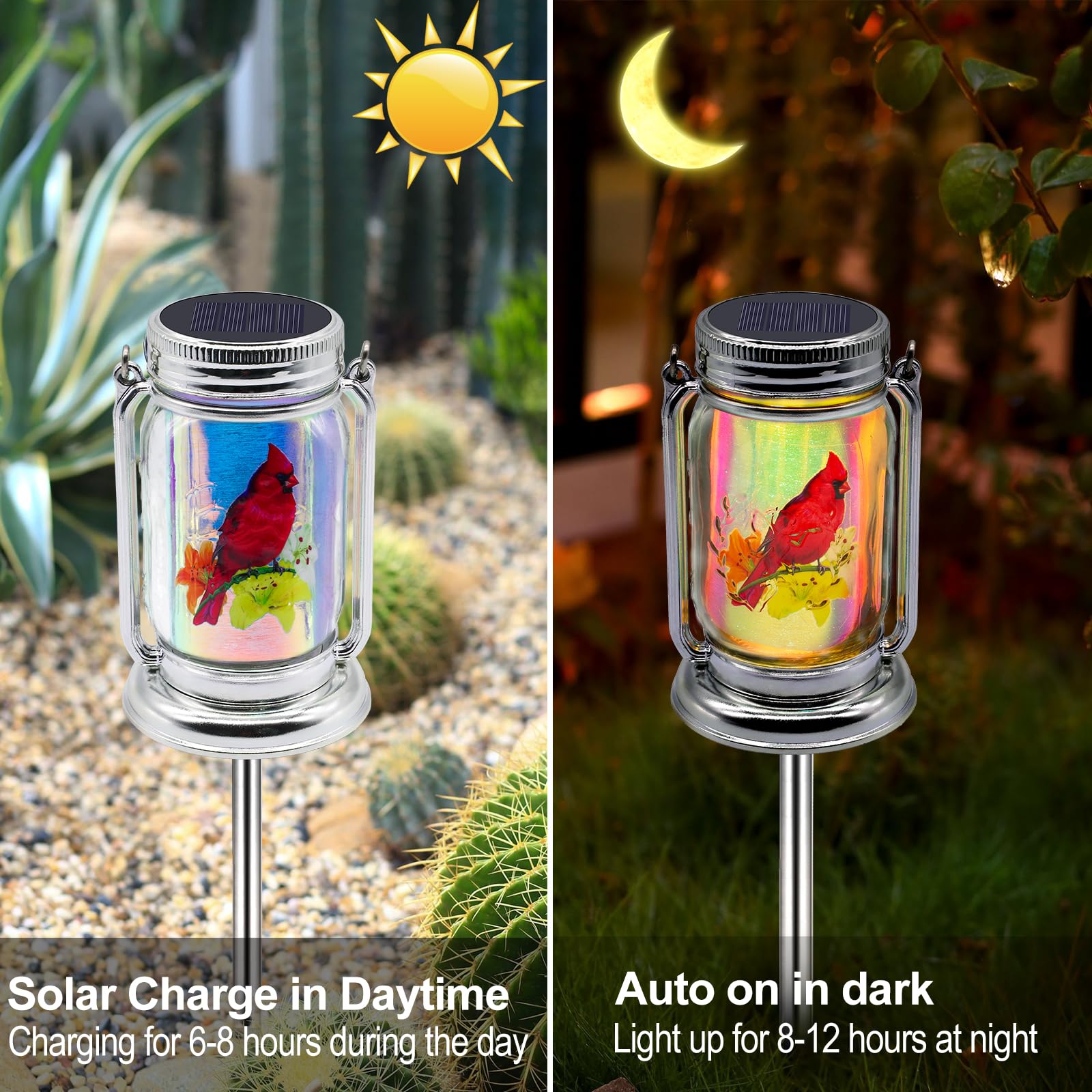 Vcdsoy Outdoor Solar Cardinal Lantern-2 Pack Garden Hanging Red Bird Lanterns, Gifts For Mom Women Grandma,Silver Glass Mason Ja