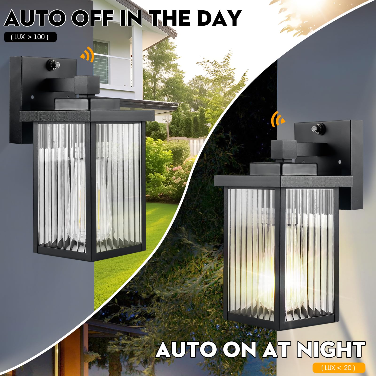 hameso Outdoor Wall Lights - 2-Pack Dusk to Dawn, Waterproof Matte Black, Tempered Glass & Metal, Model G009