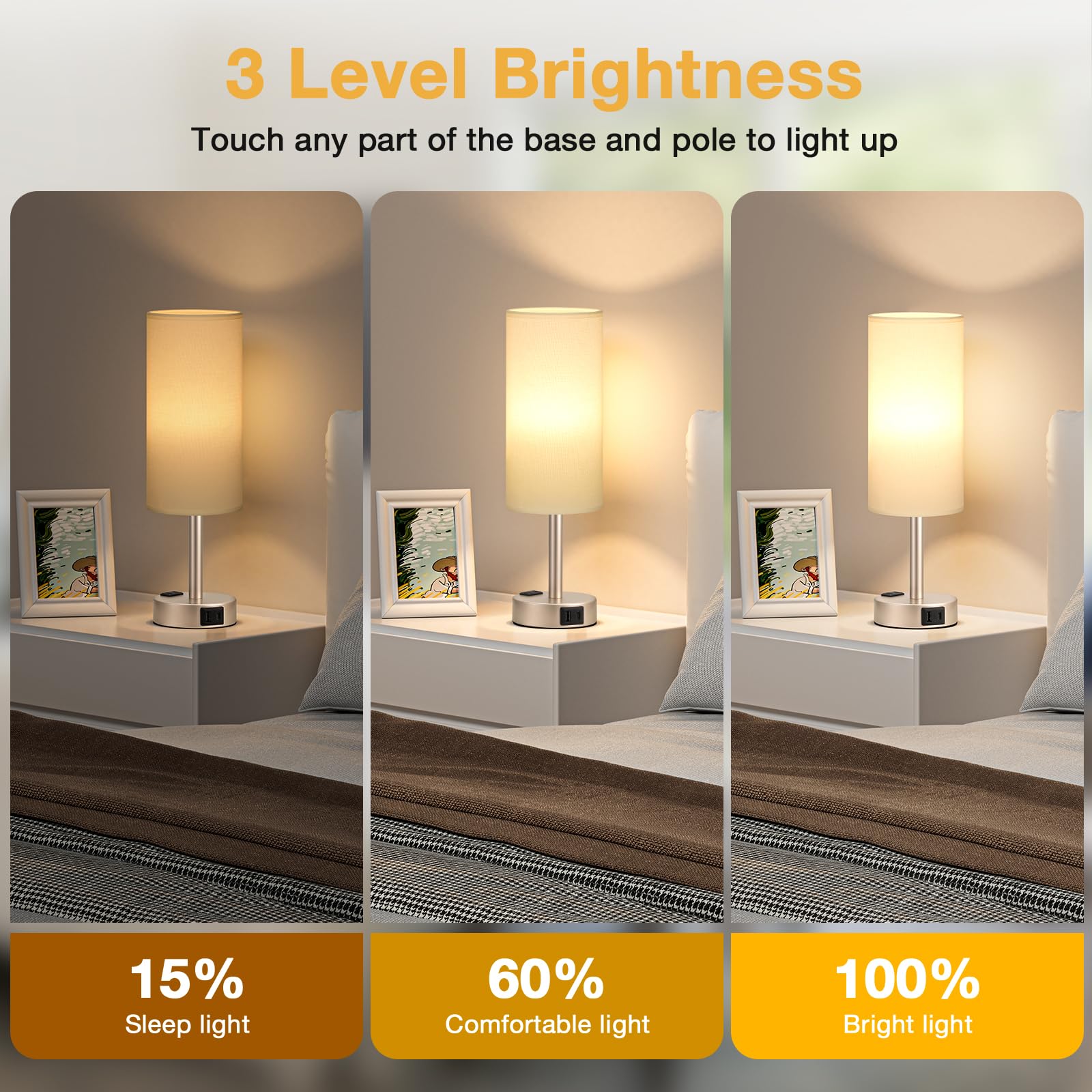 Touch Bedside Table Lamps Set - 3 Way Dimmable Bedroom Lamps Set Of 2 With Usb C And A Ports, Small Lamps For Nightstand With Ac