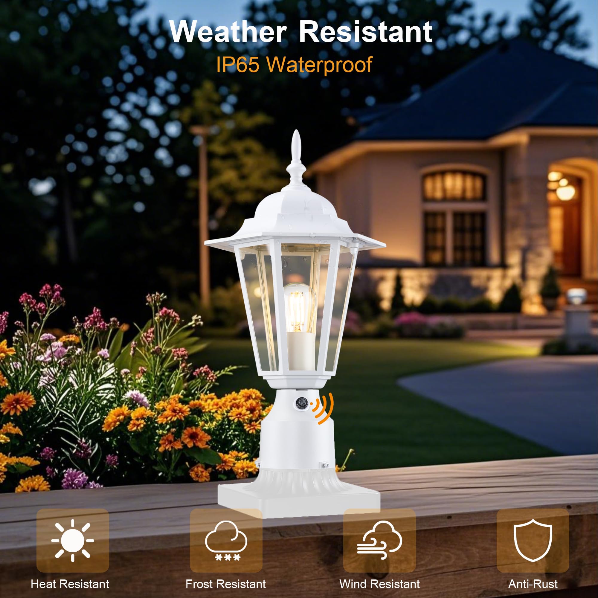 GRUENLICH Outdoor Post Lights, Modern Aluminum Lamp Fixture, Dusk to Dawn, 15in Height, White, 2 Pack, Model GR-PL001D2D-WT-