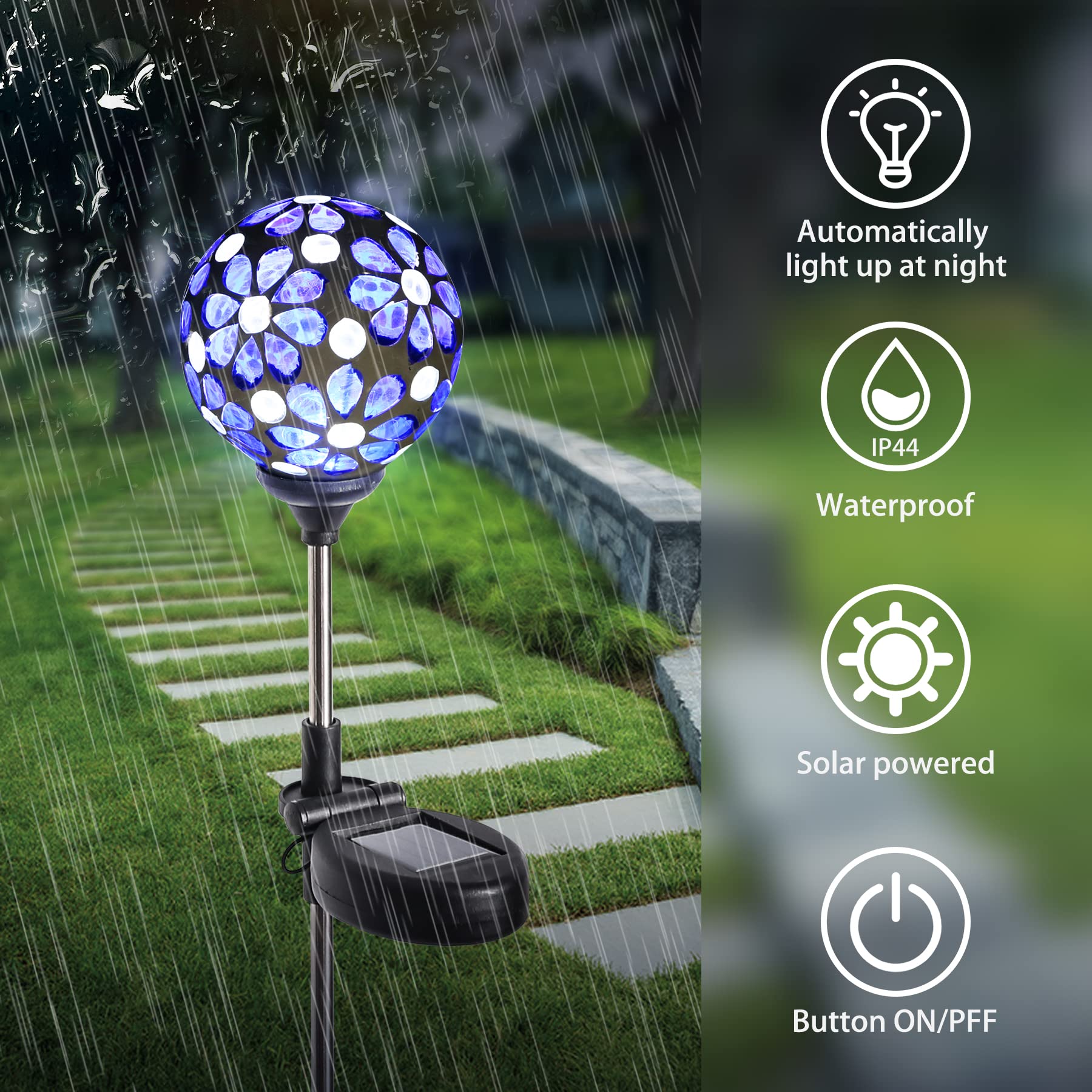WNP Blue Outdoor Mosaic Solar Light Stake - Waterproof Glass Flower Petal Ball Decor for Garden, Yard, Path