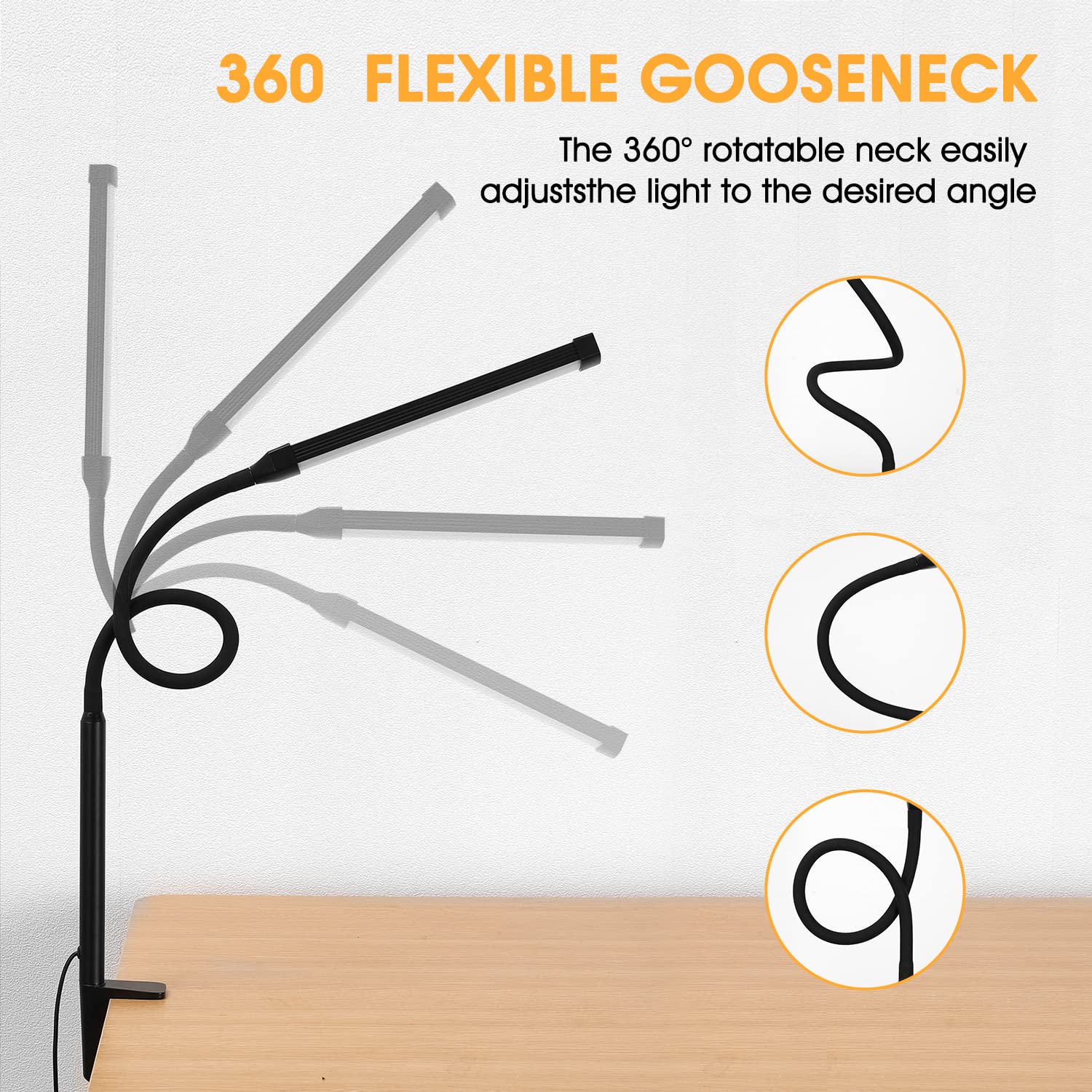 Voncerus LED Desk Lamp with Clamp, 3 Modes, 10 Brightness Levels, Gooseneck, Aluminum, Black