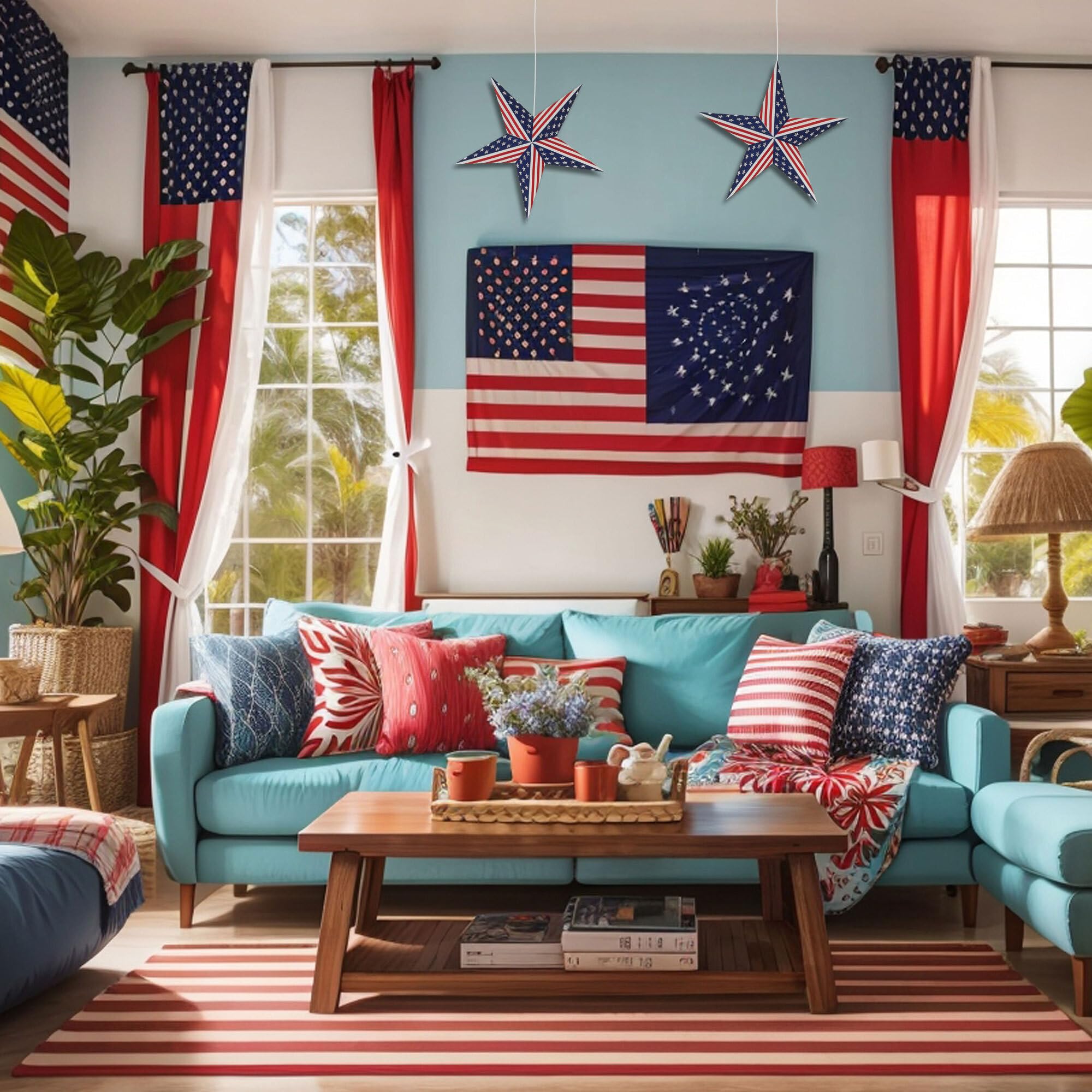 GalaxyArts 24in Patriotic Paper Star Lantern - USA Flag Red, White & Blue - Indoor/Outdoor Décor for Independence Day & Memorial Day